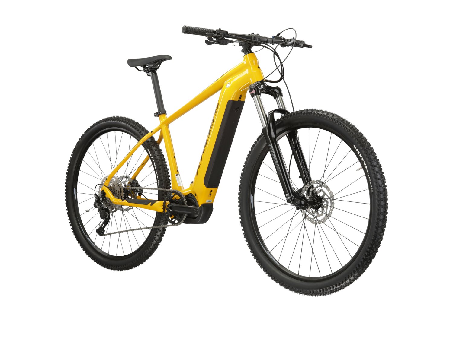  Elektryczny rower górski Ebike MTB XC KROSS Level Boost 1.0 500 Wh na aluminiowej ramie w kolorze żółtym wyposażony w osprzęt Shimano i napęd elektryczny Shimano 