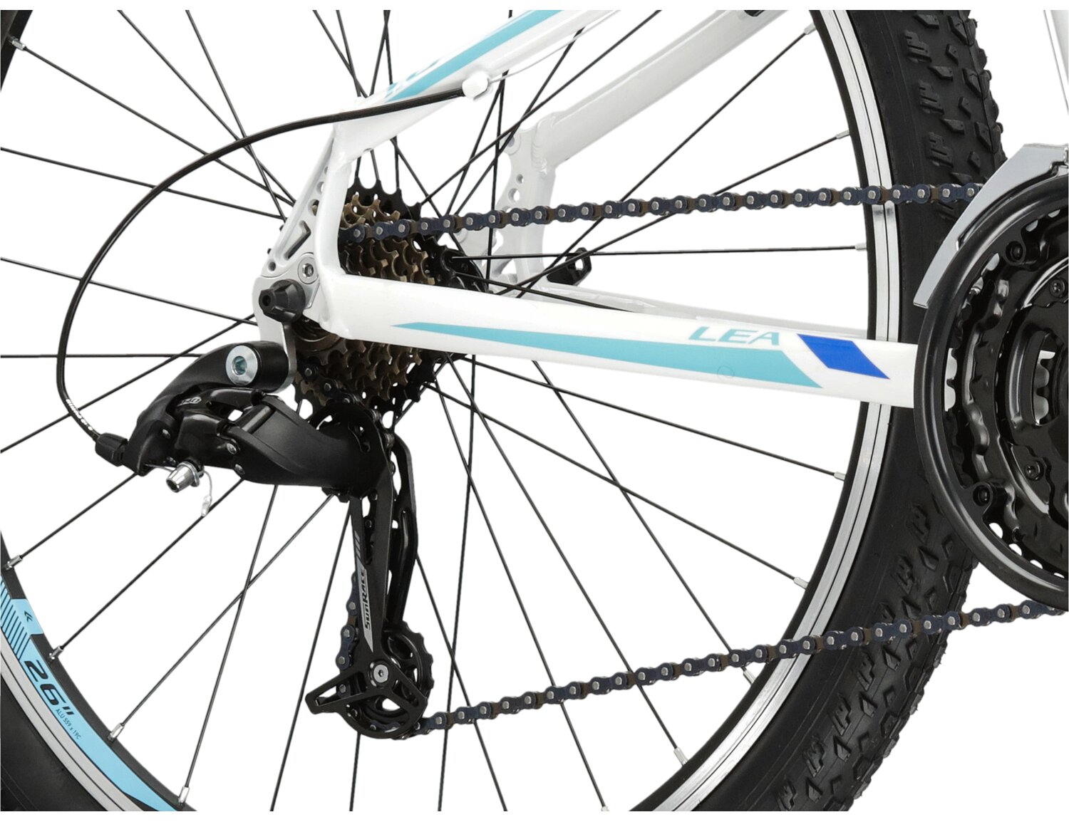  Tylna siedmiobiegowa przerzutka sunrace RDM41 oraz hamulce v-brake w damskim rowerze górskim MTB Woman KROSS Lea 1.0 SR