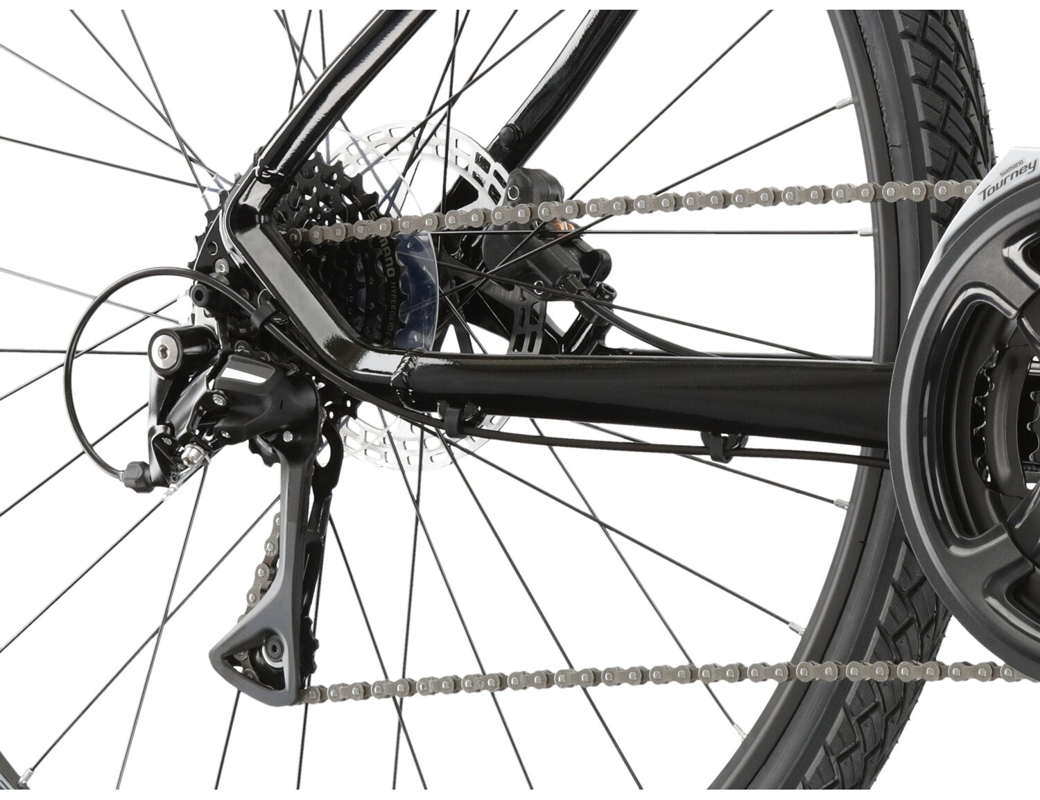  Tylna ośmiobiegowa przerzutka Shimano Acera M3020 oraz hydrauliczne hamulce tarczowe Radius w rowerze crossowym damskim KROSS Evado 4.0 
