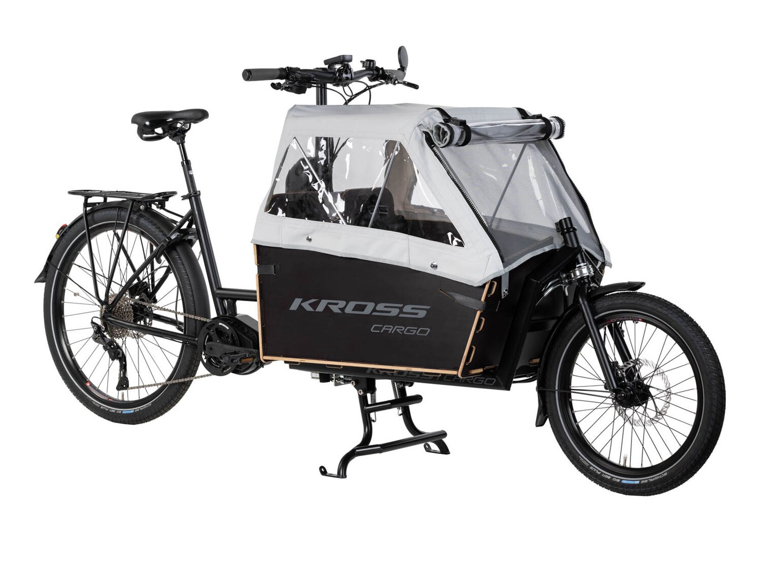  Elektryczny rower cargo Ebike KROSS E-Cargo 1.0 Family na stalowej ramie w kolorze czarnym wyposażony w osprzęt Shimano oraz elektryczny napęd Oli 