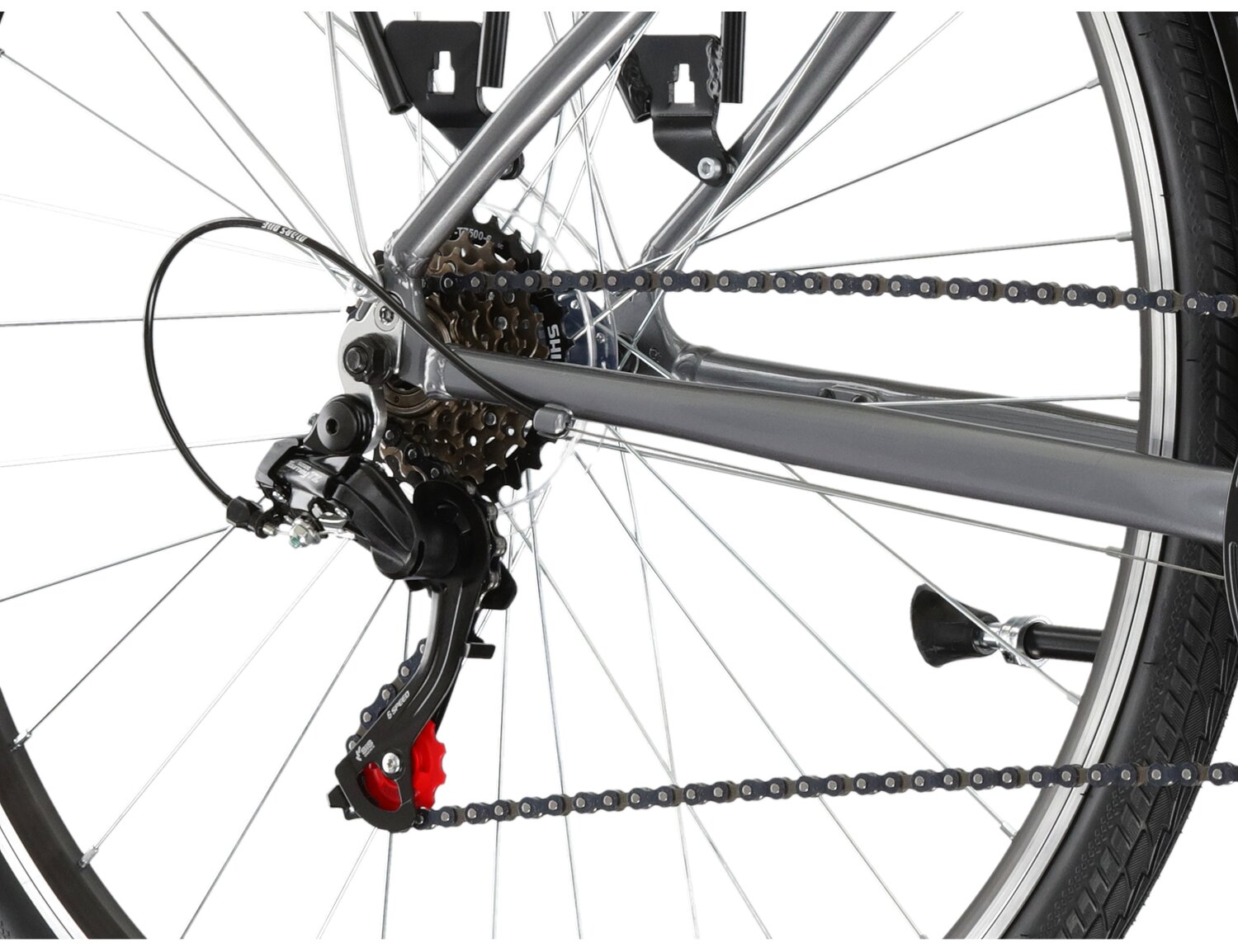  Tylna sześciobiegowa przerzutka Shimano Tourney TZ500 oraz hamulce v-brake w rowerze miejskim KROSS Sentio 1.0 