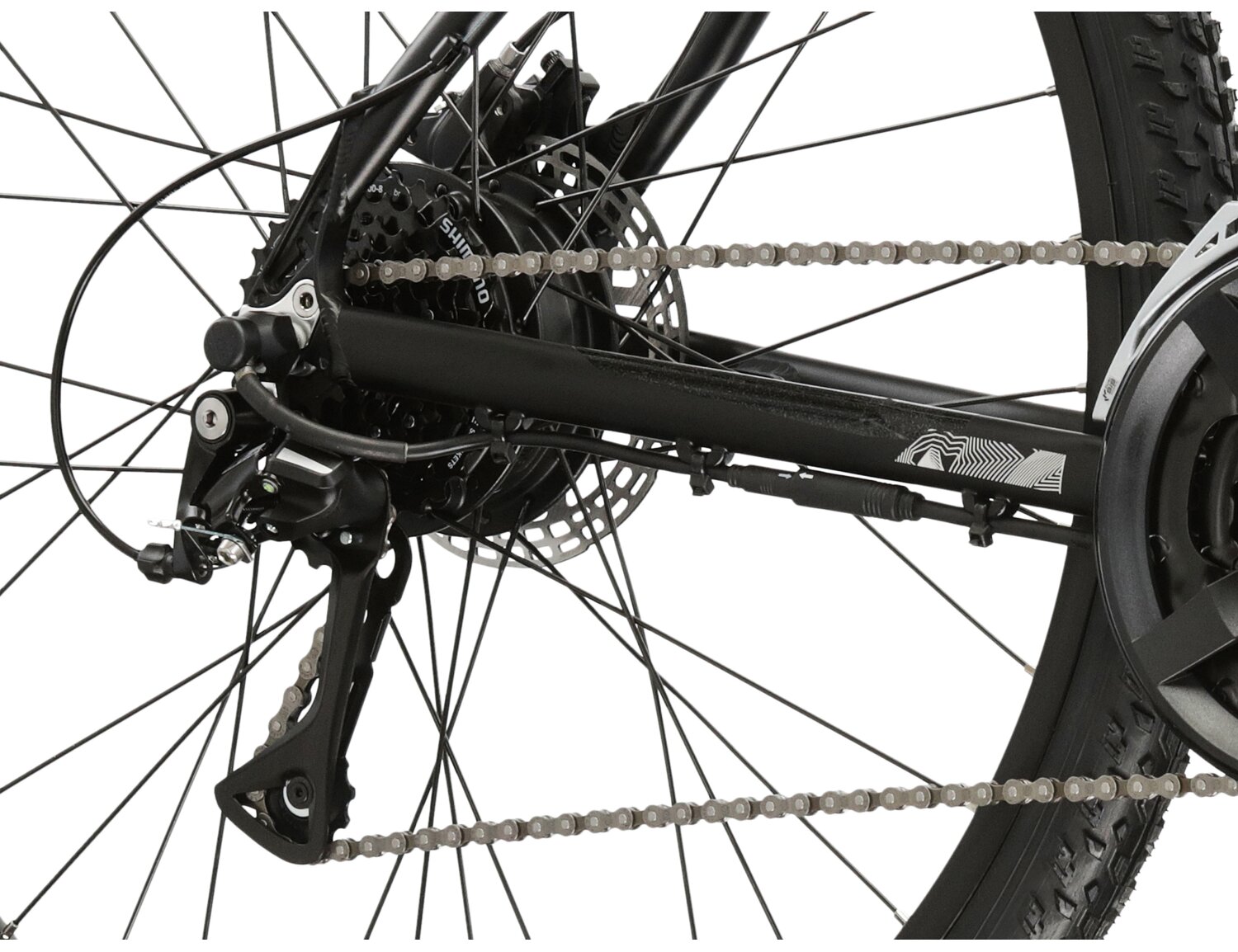  Tylna ośmiorzędowa przerzutka Shimano Acera RD M3020, hydrauliczne hamulce tarczowe oraz silnik Bafang G120 w rowerze elektrycznym górskim MTB Kross Berg Boost 1.0 