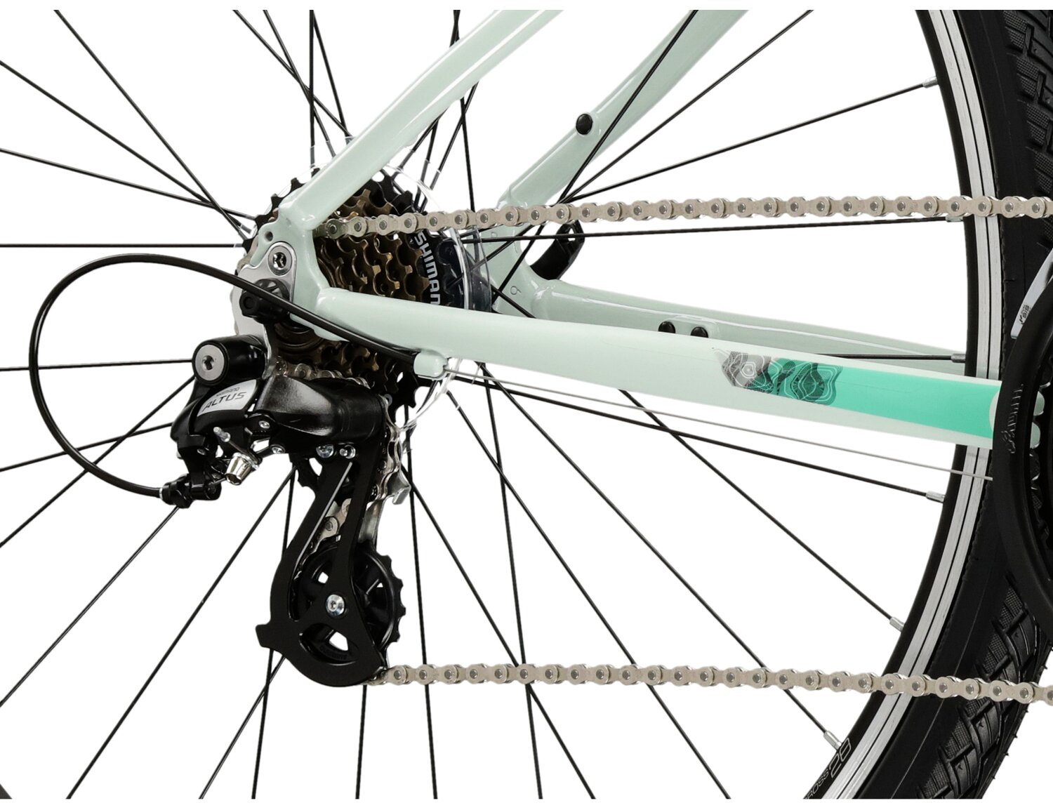  Tylna siedmiobiegowa przerzutka Shimano Altus M310 oraz hamulce v-brake w rowerze crossowym damskim KROSS Evado 2.0 