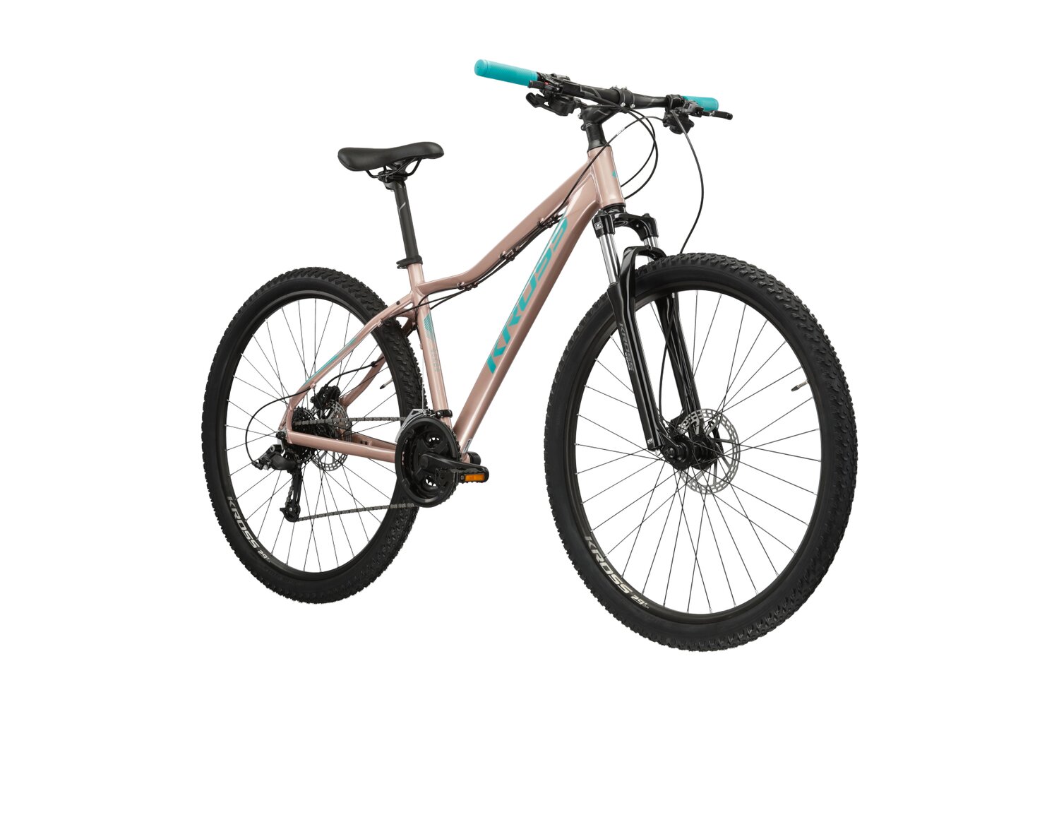 Damski rower górski MTB Woman Kross Lea 5.0 MS na aluminiowej ramie w kolorze różowozłotym wyposażony w osprzęt Microshift 