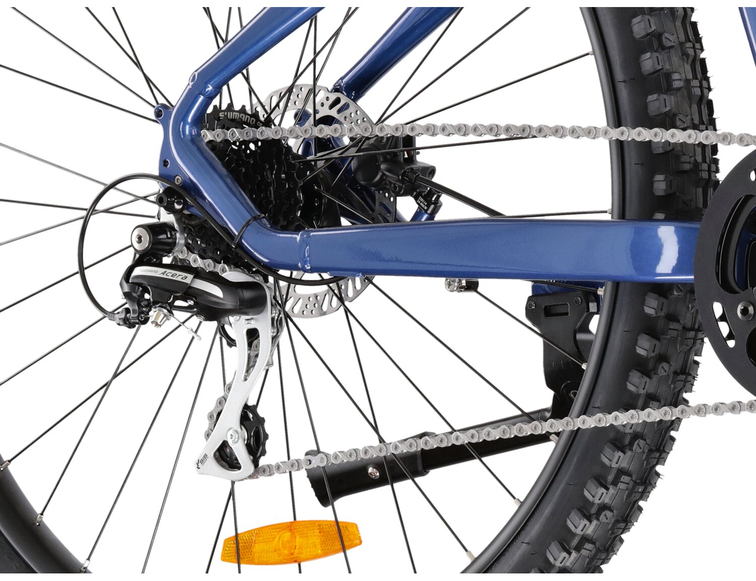  Tylna ośmiobiegowa przerzutka Shimano Acera M360 oraz hydrauliczne hamulce tarczowe Tektro M275 w elektrycznym rowerze górskim Ebike MTB KROSS Hexagon Boost 3.0 518 Wh 