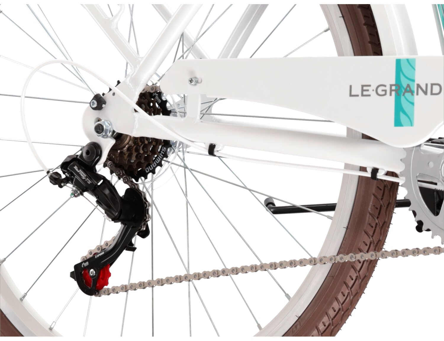  Tylna sześciobiegowa przerzutka Shimano Tourney TZ500 oraz hamulce v-brake w rowerze miejskim Le Grand Lille 1.0 