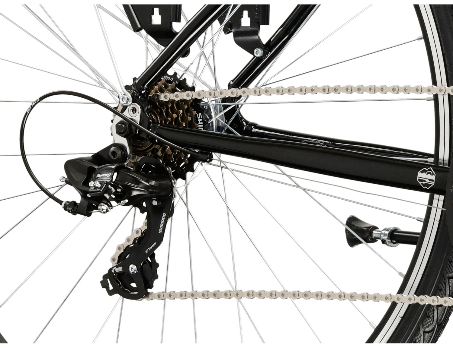  Tylna siedmiobiegowa przerzutka Shimano Tourney TY300 oraz hamulce v-brake w rowerze trekkingowym damskim KROSS Trans 1.0 