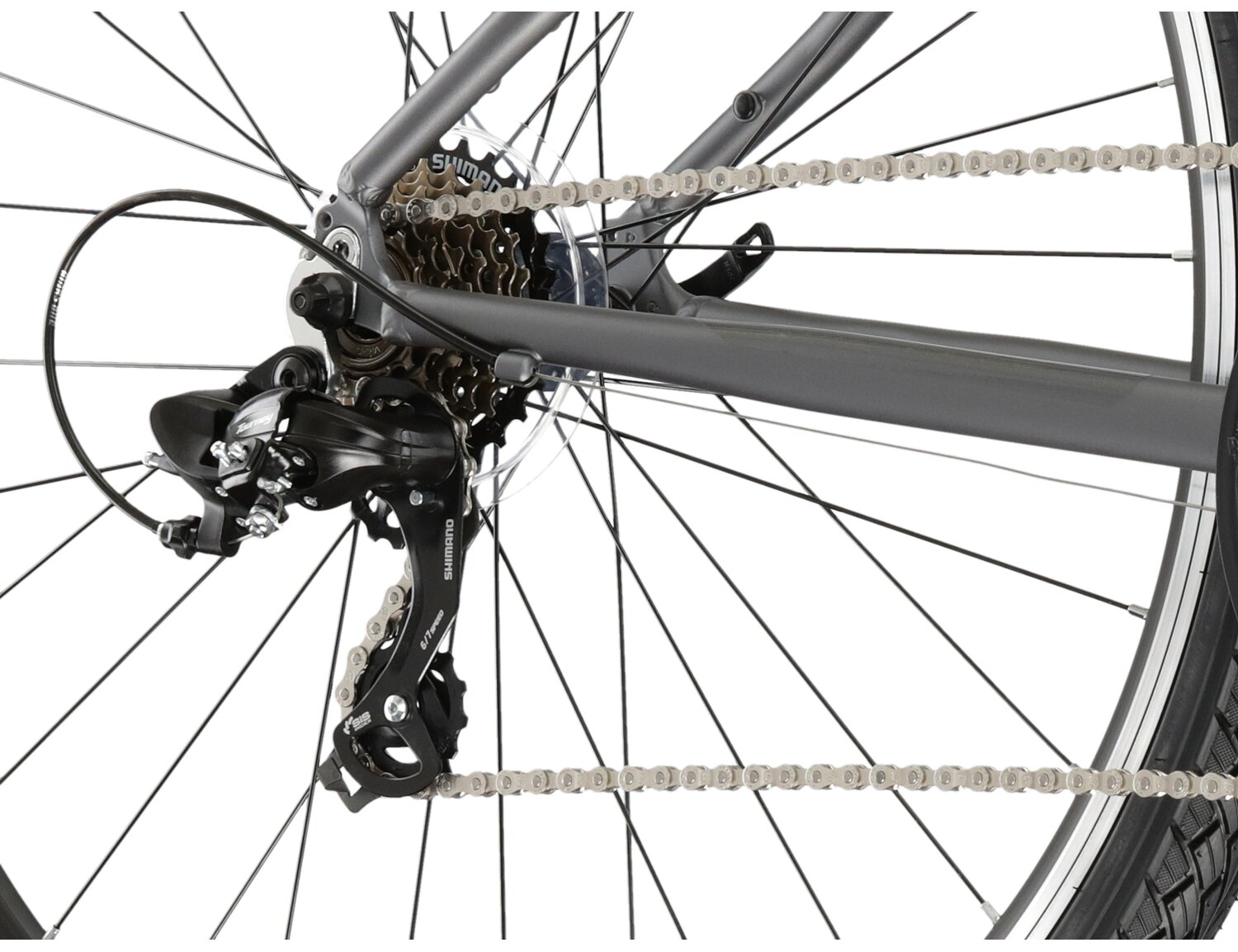  Tylna siedmiobiegowa przerzutka Shimano Tourney TY300 oraz hamulce v-brake w rowerze crossowym KROSS Evado 1.0 