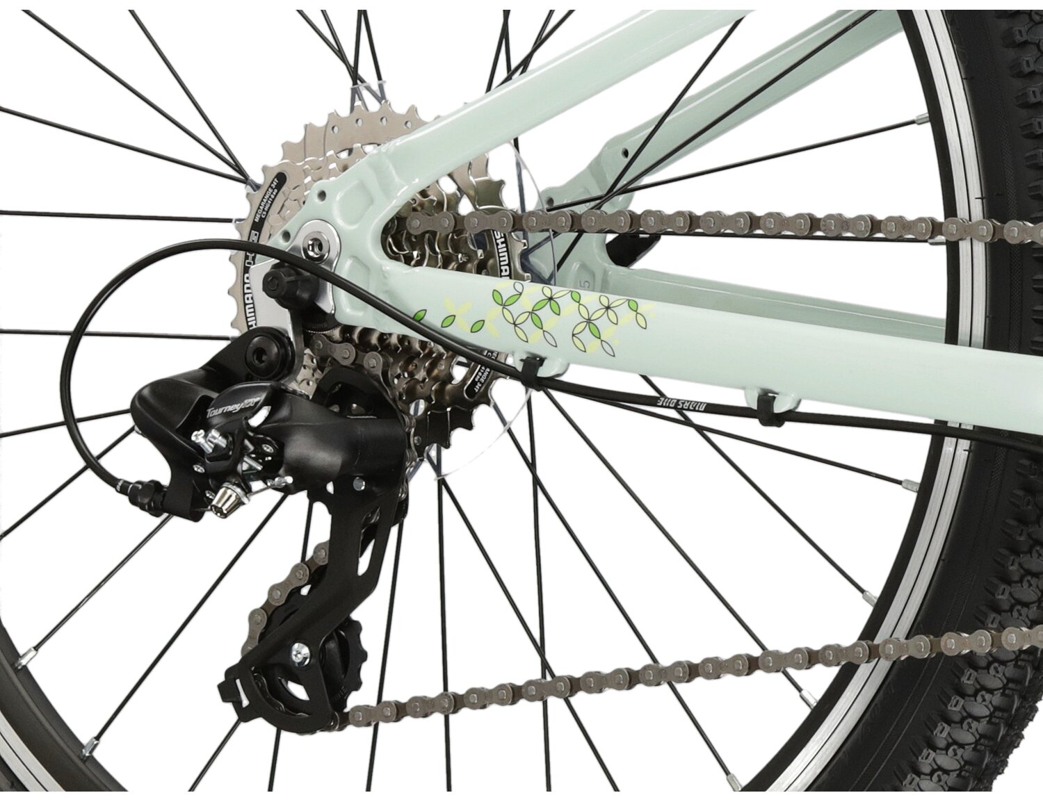  Tylna ośmiorzędowa przerzutka SHIMANO TOURNEY TX800 oraz hamulce v-brake w rowerze juniorskim dziewczęcym górskim Kross Lea JR 1.0 