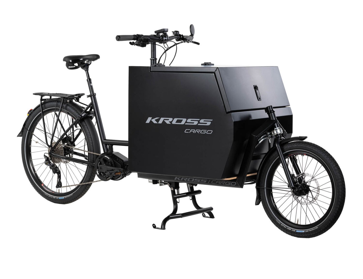  Elektryczny rower cargo Ebike KROSS E-Cargo 1.0 Business na stalowej ramie w kolorze czarnym wyposażony w osprzęt Shimano oraz elektryczny napęd Oli 