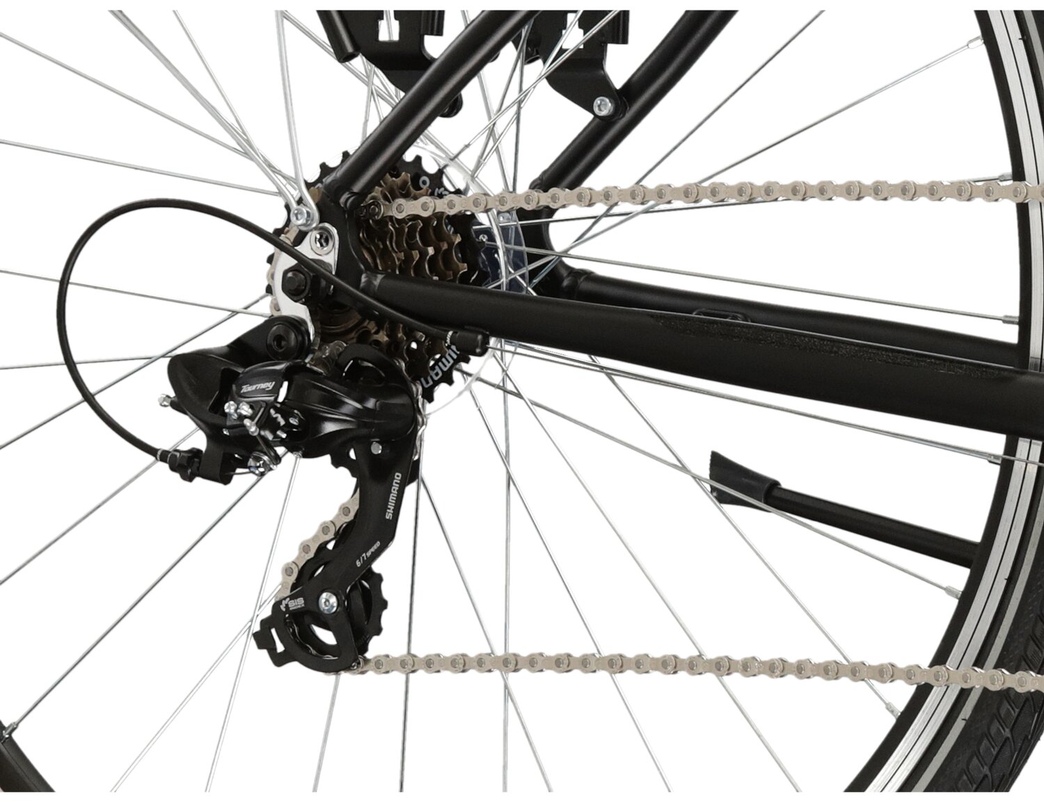  Tylna siedmiobiegowa przerzutka Shimano Tourney TY300 oraz hamulce v-brake w rowerze trekkingowym KROSS Trans 1.0 