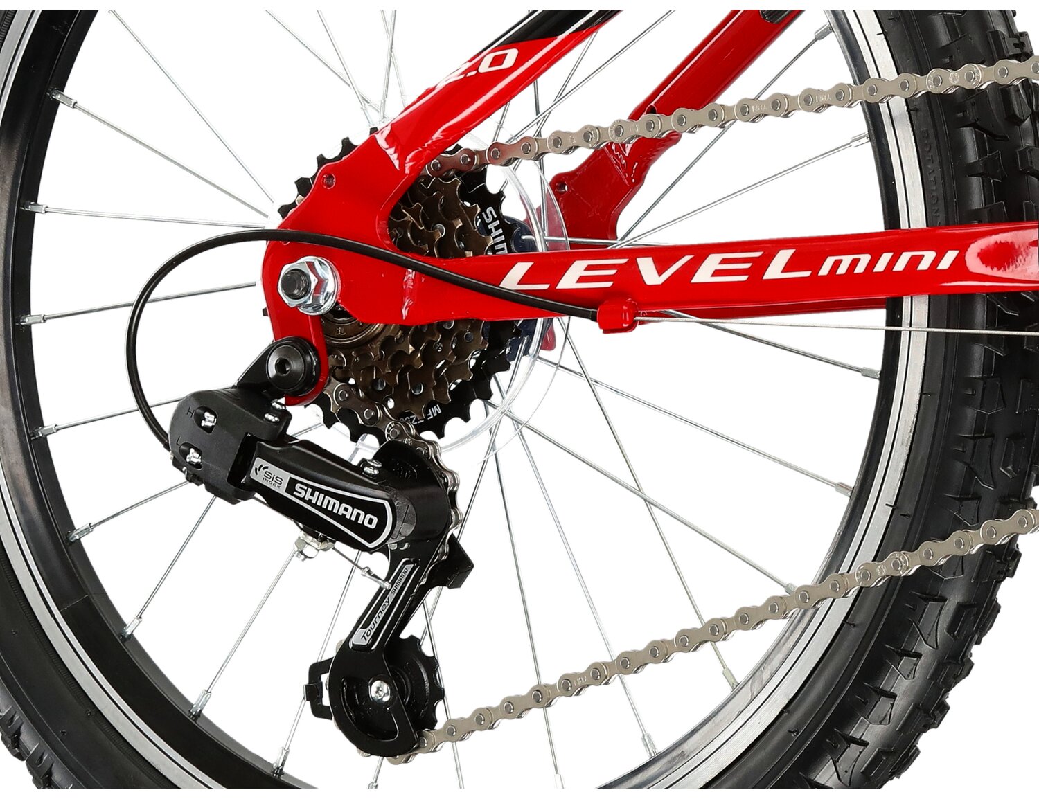  Tylna sześciorzędowa przerzutka Shimano Tourney TY21 oraz hamulce v-brake w rowerze dziecięcym KROSS Level Mini 2.0 