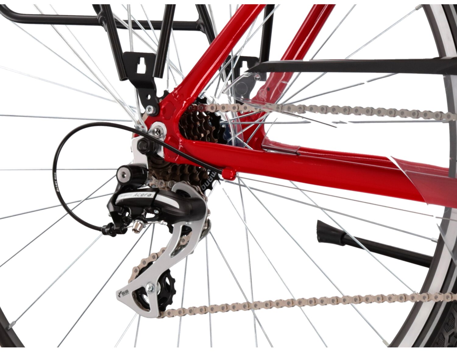  Tylna siedmiobiegowa przerzutka Shimano Acera M3020 oraz hamulce v-brake w rowerze trekkingowym KROSS Trans 3.0 