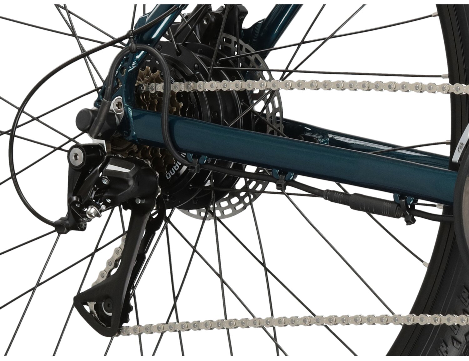  Tylna siedmiobiegowa przerzutka Shimano Acera RD M3020 oraz hydrauliczne hamulce tarczowe Power M960 w elektrycznym rowerze górskim Ebike MTB KROSS Hexagon Boost 345 Wh 