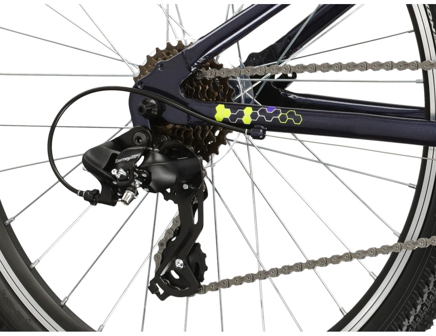  Tylna ośmiobiegowa przerzutka Shimano Tourney TX800 oraz hamulce v-brake w rowerze juniorskim KROSS Hexagon JR 1.0 