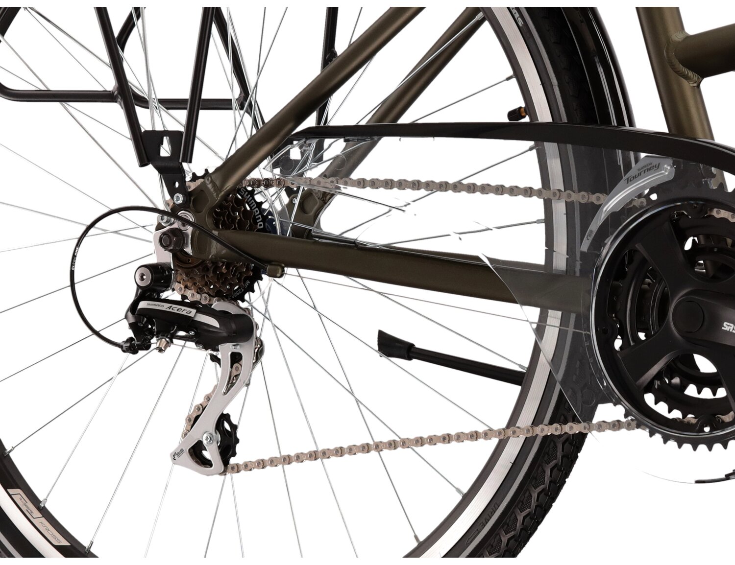  Tylna siedmiobiegowa przerzutka Shimano Acera M3020 oraz hamulce v-brake w rowerze trekkingowym damskim KROSS Trans 3.0 