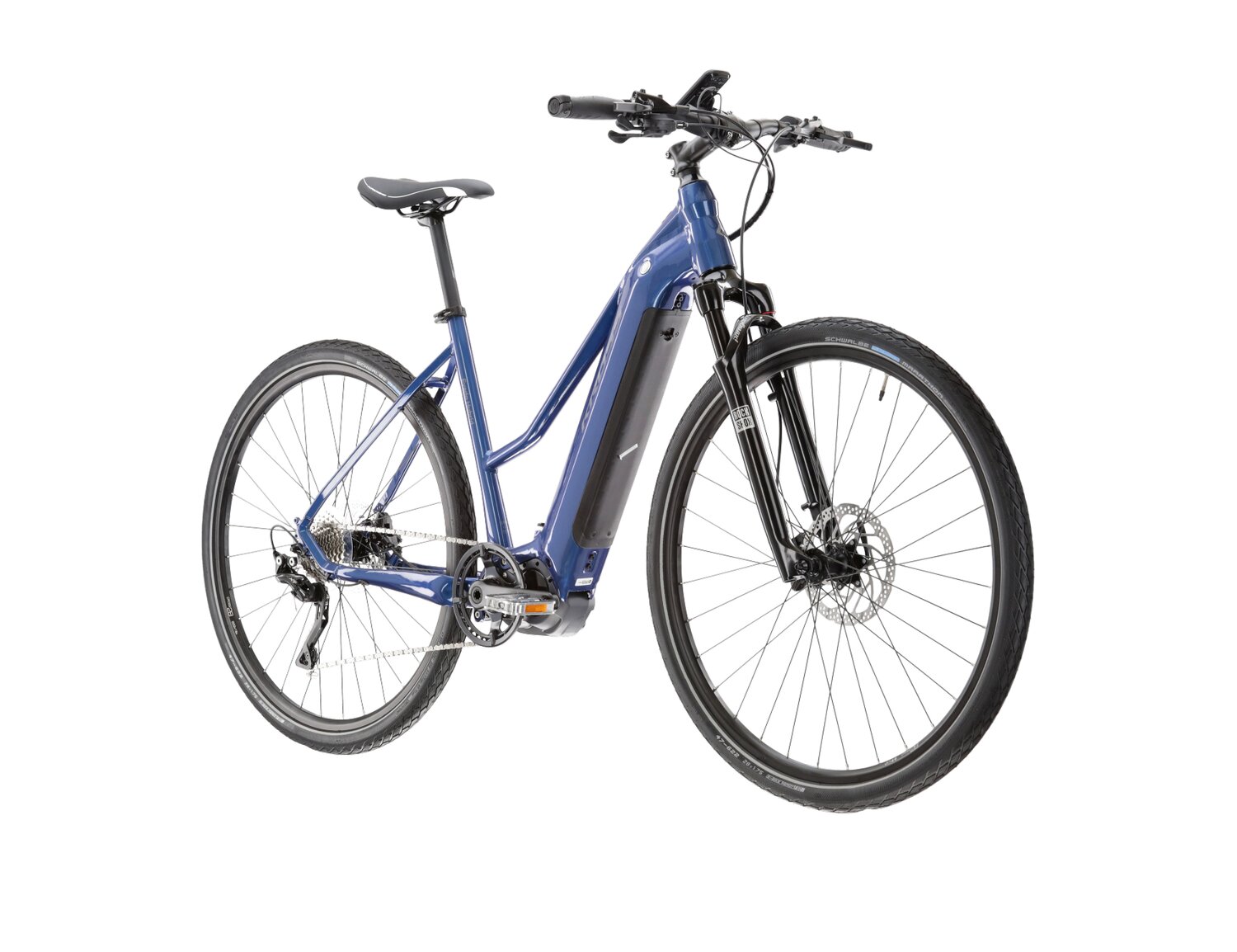  Elektryczny rower crossowy KROSS Evado Hybrid 6.0 630 Wh UNI na aluminiowej ramie w kolorze niebieskim wyposażony w osprzęt Shimano i napęd elektryczny Shimano