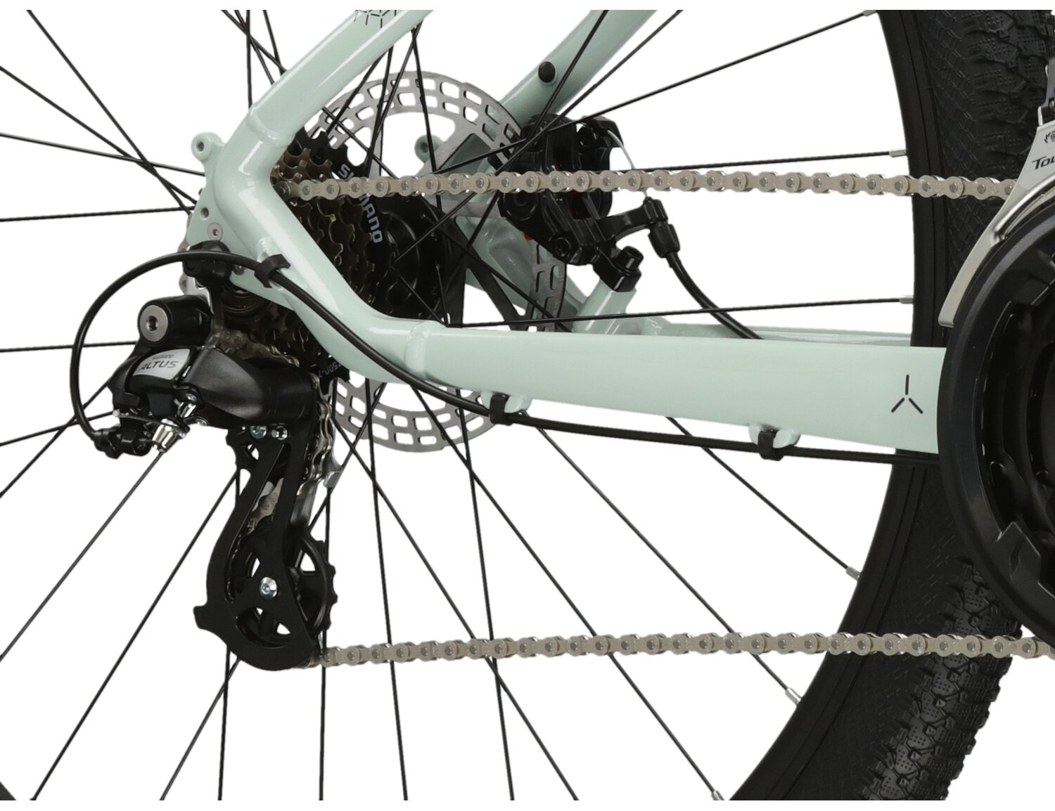  Tylna siedmiobiegowa przerzutka Shimano Altus M310 oraz mechaniczne hamulce tarczowe w damskim rowerze górskim MTB Woman KROSS Lea 2.0