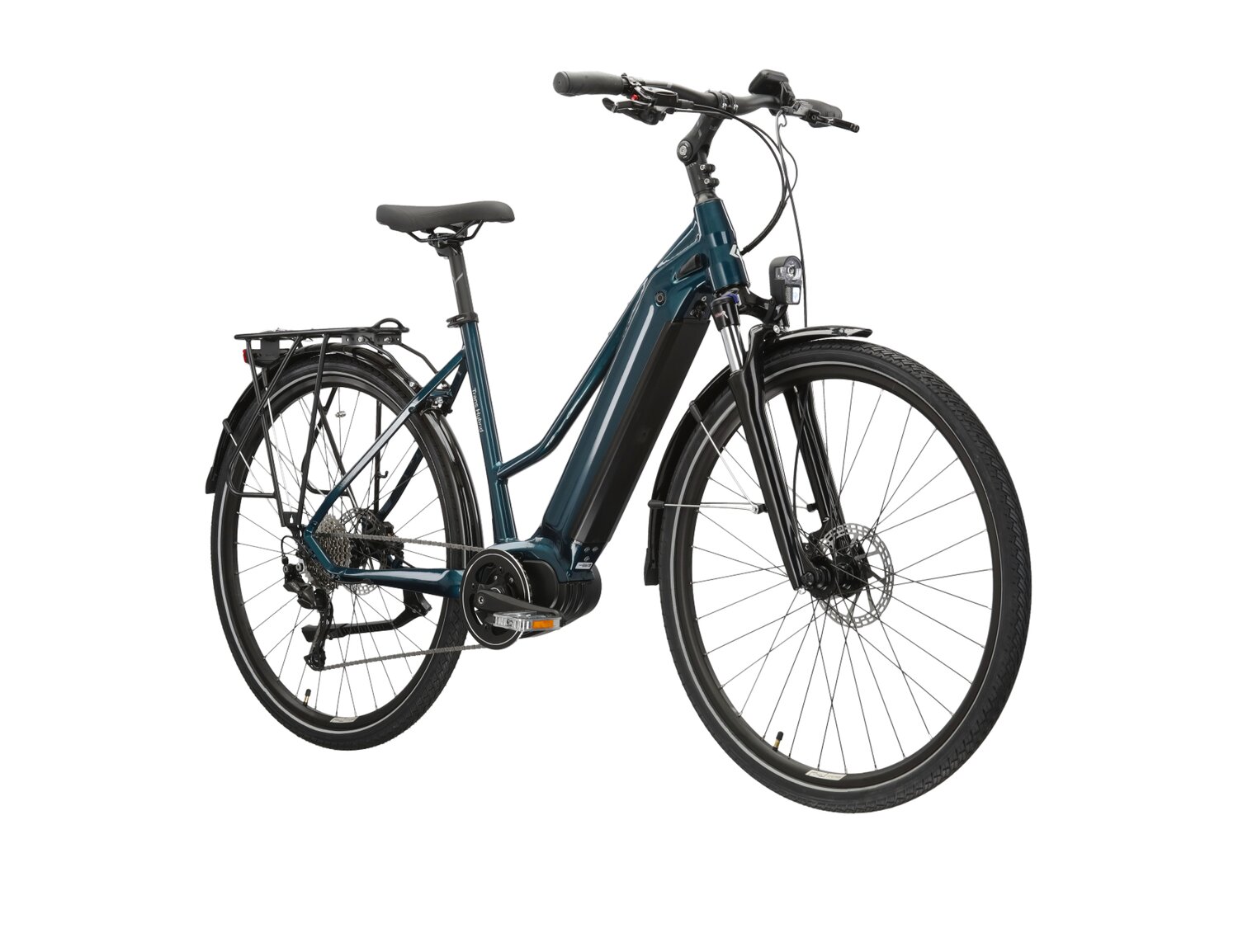  Elektryczny rower trekkingowy KROSS Trans Hybrid 2.0 730 Wh UNI na aluminiowej ramie w kolorze turkusowym wyposażony w osprzęt Shimano i napęd elektryczny Bafang