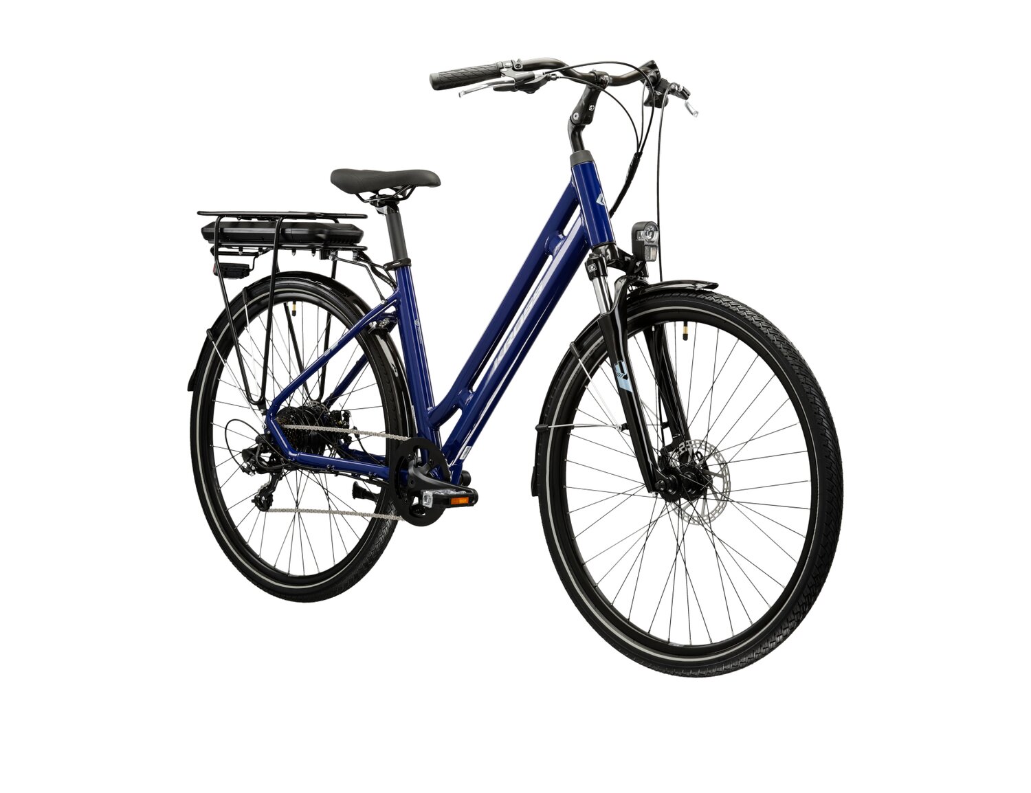  Elektryczny rower miejski Ebike City KROSS Sentio Hybrid 345 Wh na aluminiowej ramie w kolorze granatowym wyposażony w osprzęt Shimano i napęd elektryczny SHENGYI