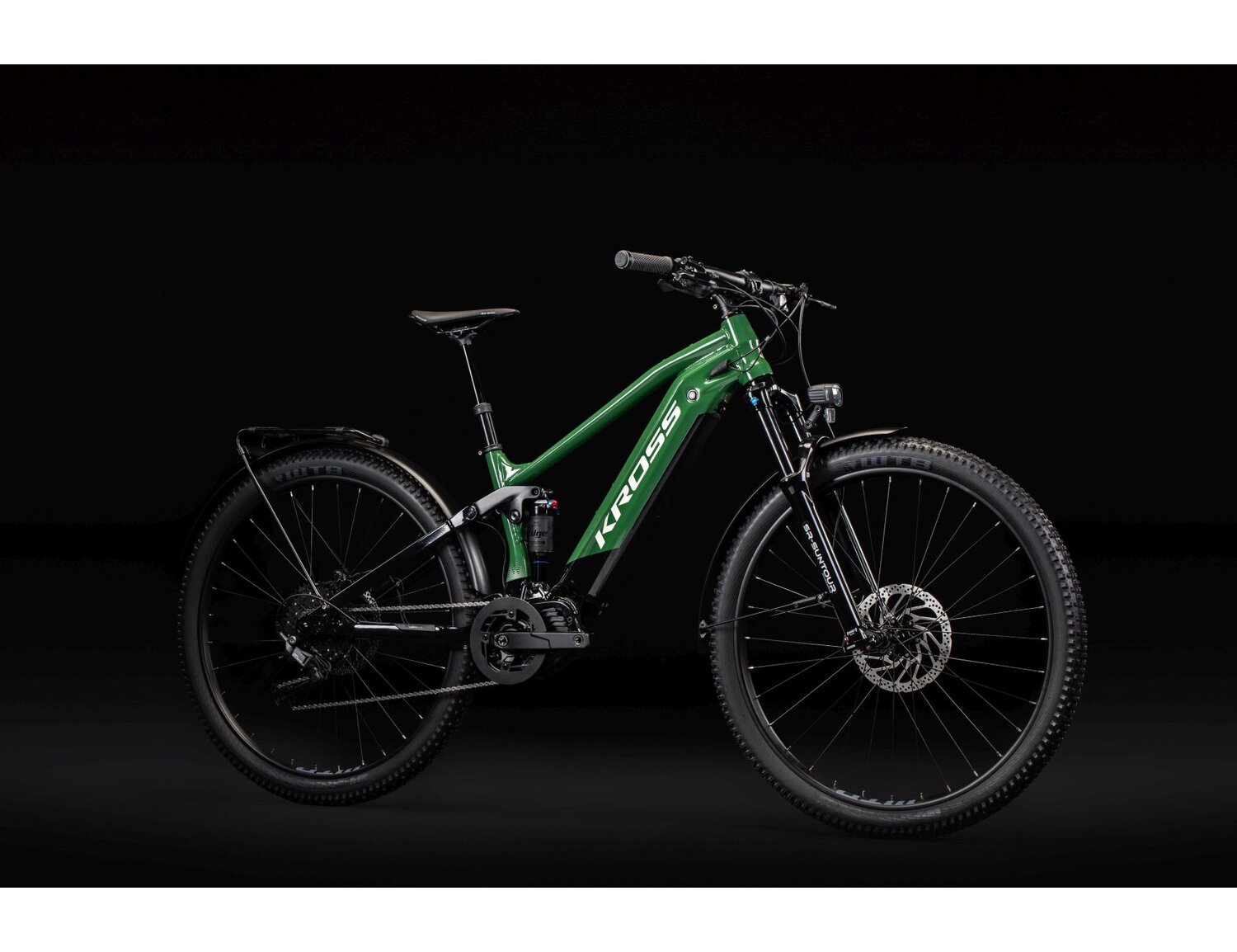  Elektryczny rower górski Ebike MTB Trail Full Suspension KROSS Grist Boost SUV 1.0 730 Wh na aluminiowej ramie w kolorze zielonym wyposażony w osprzęt Shimano i napęd elektryczny Bafang