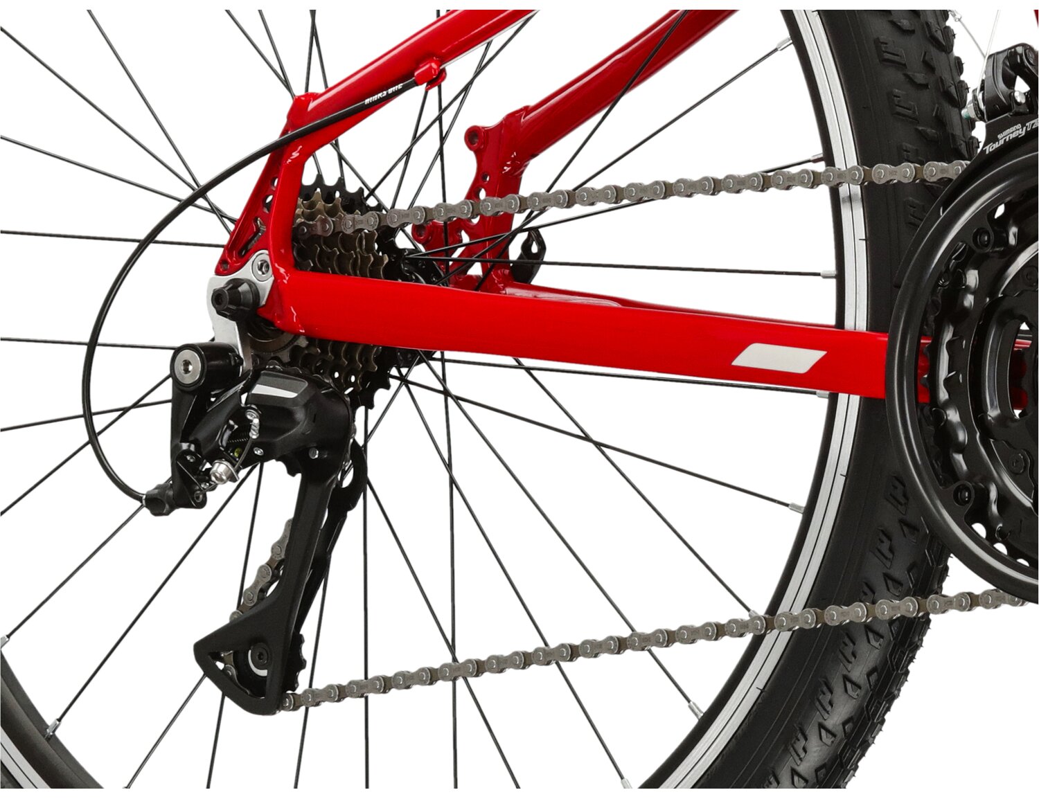  Tylna siedmiobiegowa przerzutka Shimano Acera M3020 oraz hamulce v-brake w rowerze juniorskim KROSS Berg JR 1.1 