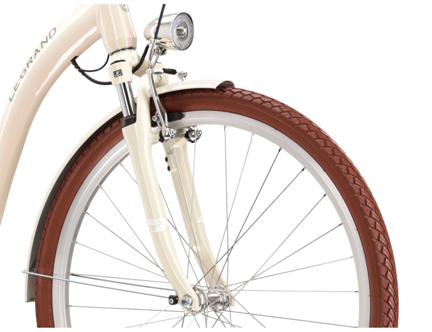 Aluminowa rama, amortyzowany widelec SR Suntour o skoku 40mm oraz opona w elektrycznym rowerze miejskim Ebike City Le Grand Elille 3 447 Wh 