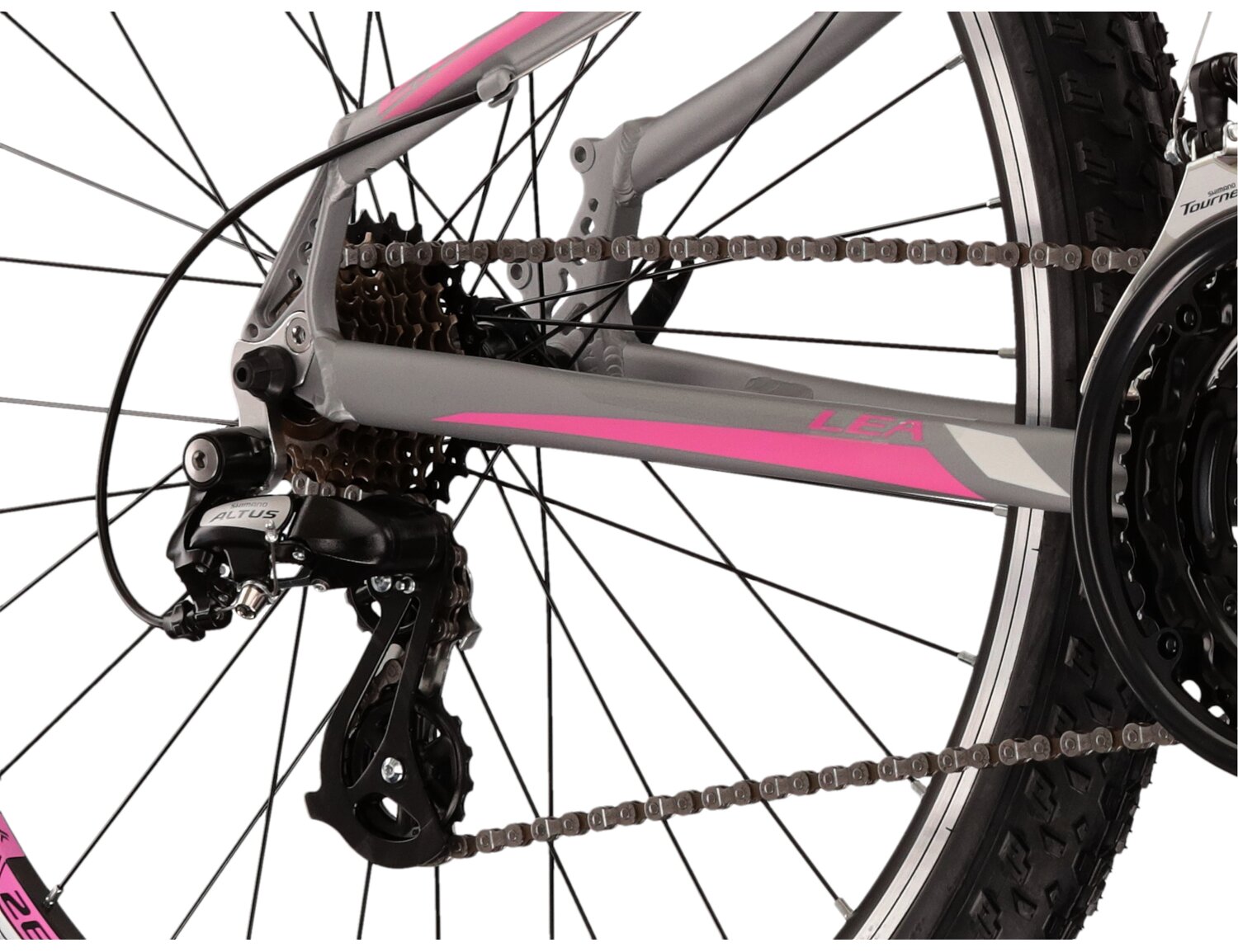  Tylna siedmiobiegowa przerzutka Shimano Altus M310 oraz hamulce v-brake w damskim rowerze górskim MTB Woman KROSS Lea 2.0 SK