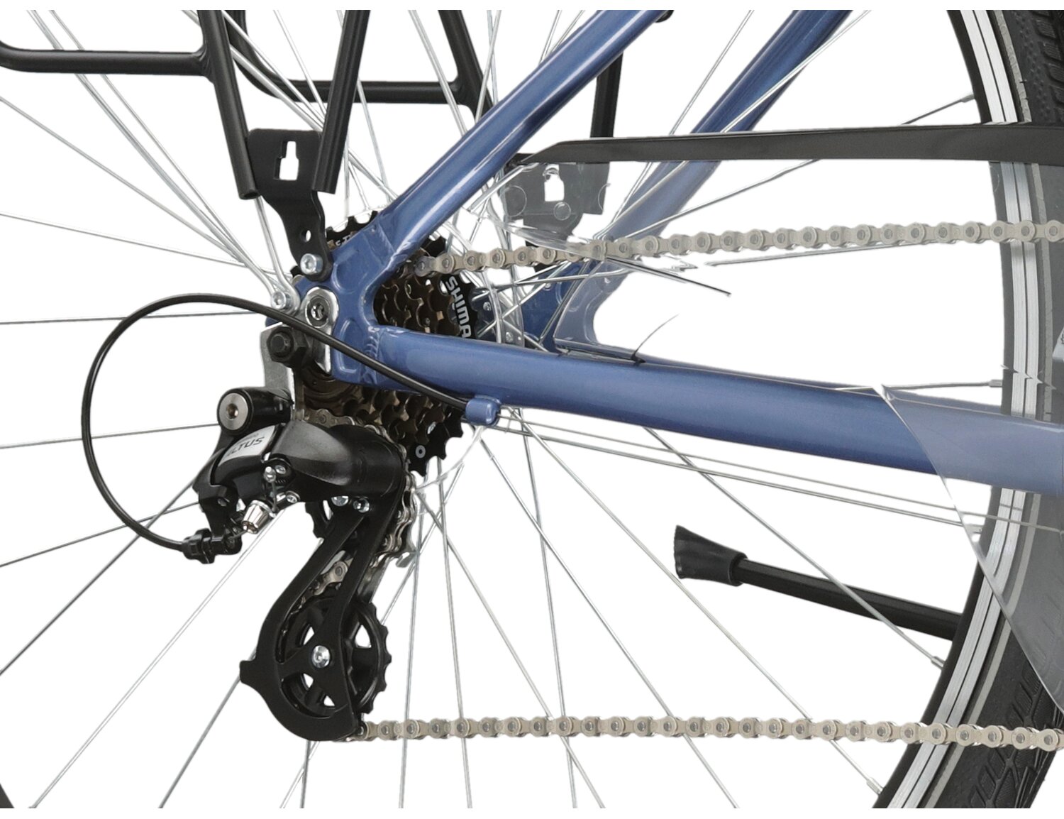  Tylna siedmiobiegowa przerzutka Shimano Altus M310 oraz hamulce v-brake w rowerze trekkingowym damskim KROSS Trans 2.0 