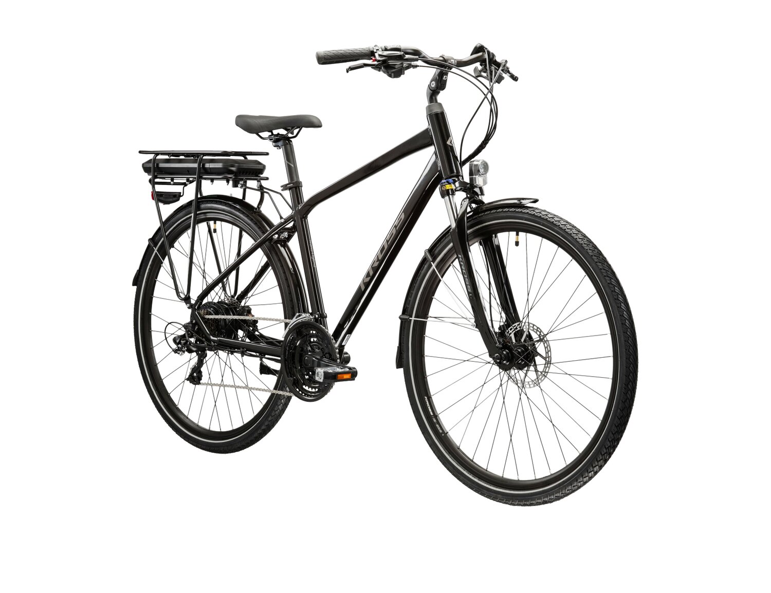  Elektryczny rower trekkingowy KROSS Trans Hybrid 345 Wh na aluminiowej ramie w kolorze czarnym wyposażony w osprzęt Microshift i Shimano oraz napęd elektryczny Shengyi