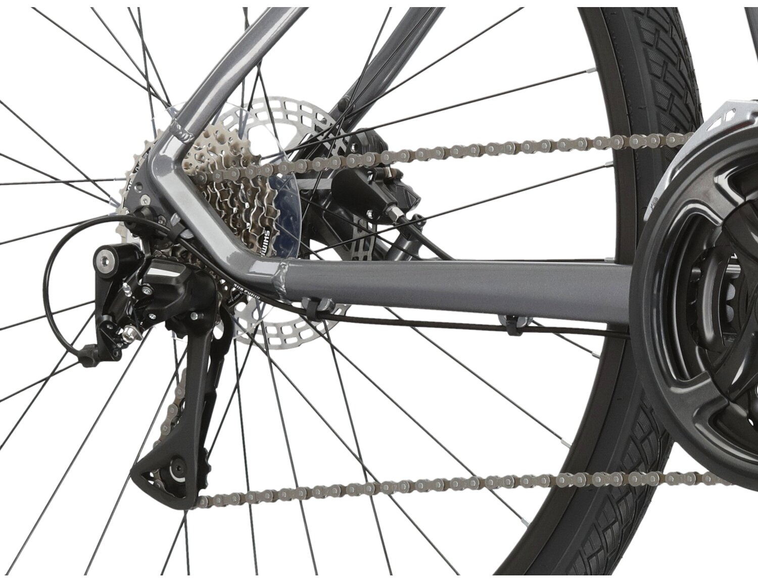  Tylna ośmiobiegowa przerzutka Shimano Acera M3020 oraz hydrauliczne hamulce tarczowe Shimano MT200 w rowerze crossowym KROSS Evado 4.0 