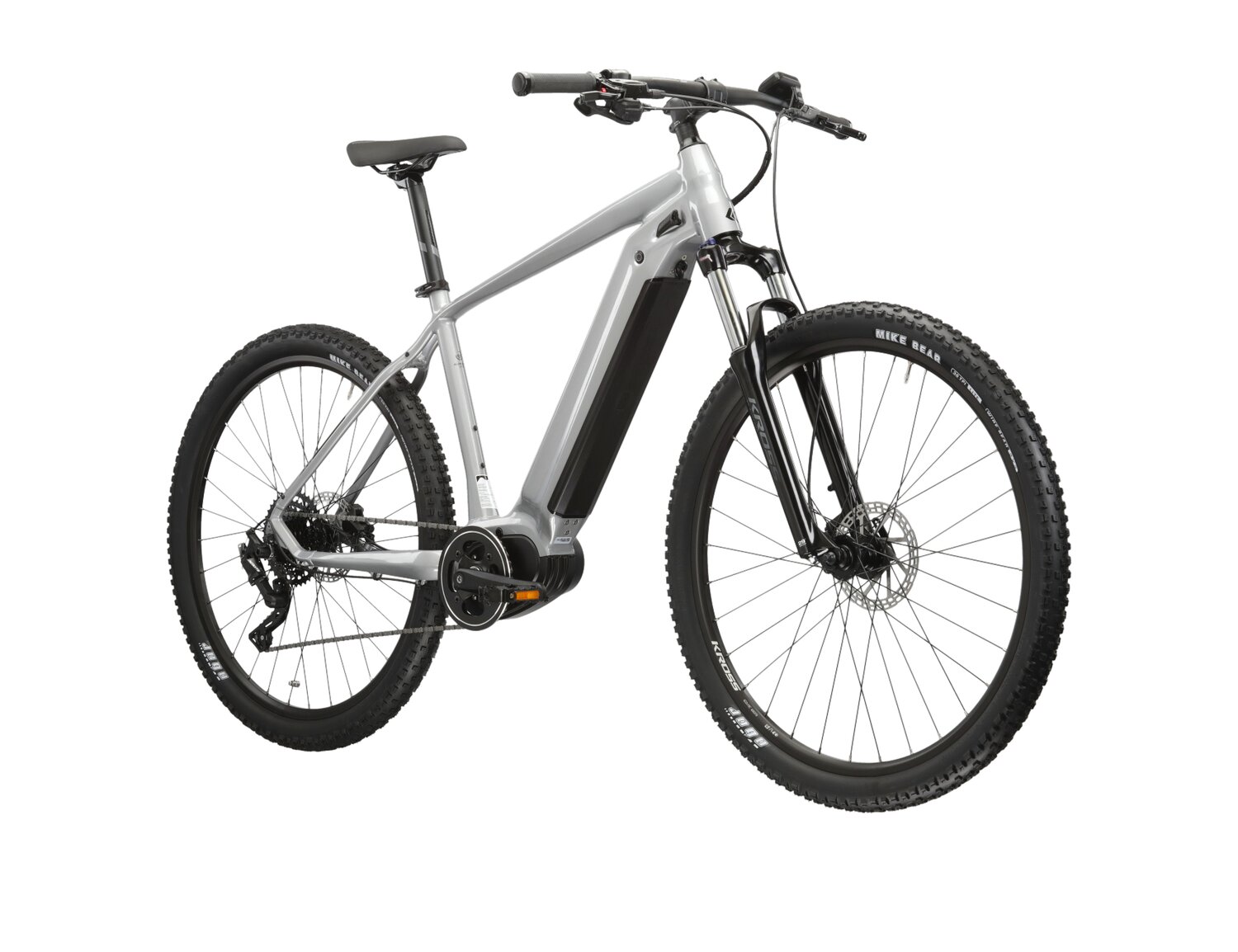 Elektryczny rower górski MTB Kross Hexagon Boost 3.0 576 Wh na aluminiowej ramie w kolorze srebrnym wyposażony w osprzęt Microshift i napęd elektryczny Bafang