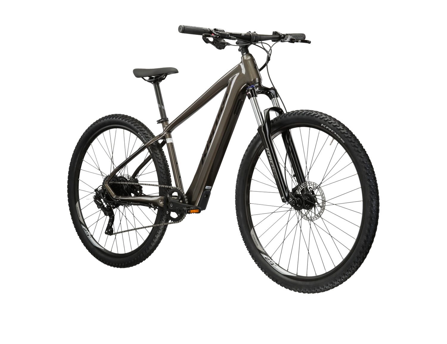Elektryczny rower górski MTB Kross Hexagon Boost 2.0 349 Wh na aluminiowej ramie w kolorze brązowym wyposażony w osprzęt Microshift i napęd elektryczny Hyena