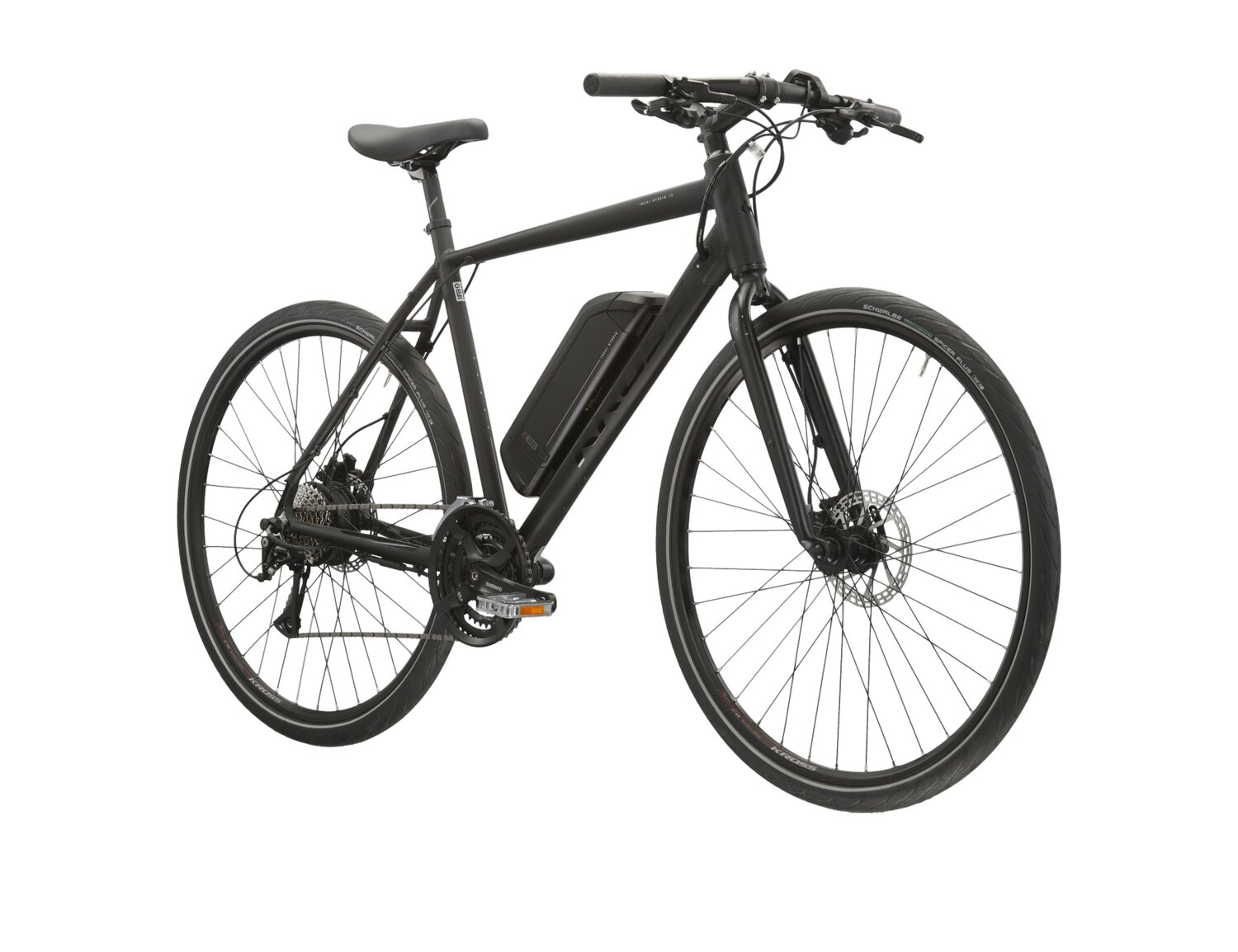  Elektryczny rower miejski KROSS Inzai Hybrid 1.0 522 Wh na aluminiowej ramie w kolorze czarnym wyposażony w osprzęt Shimano i napęd elektryczny Bafang