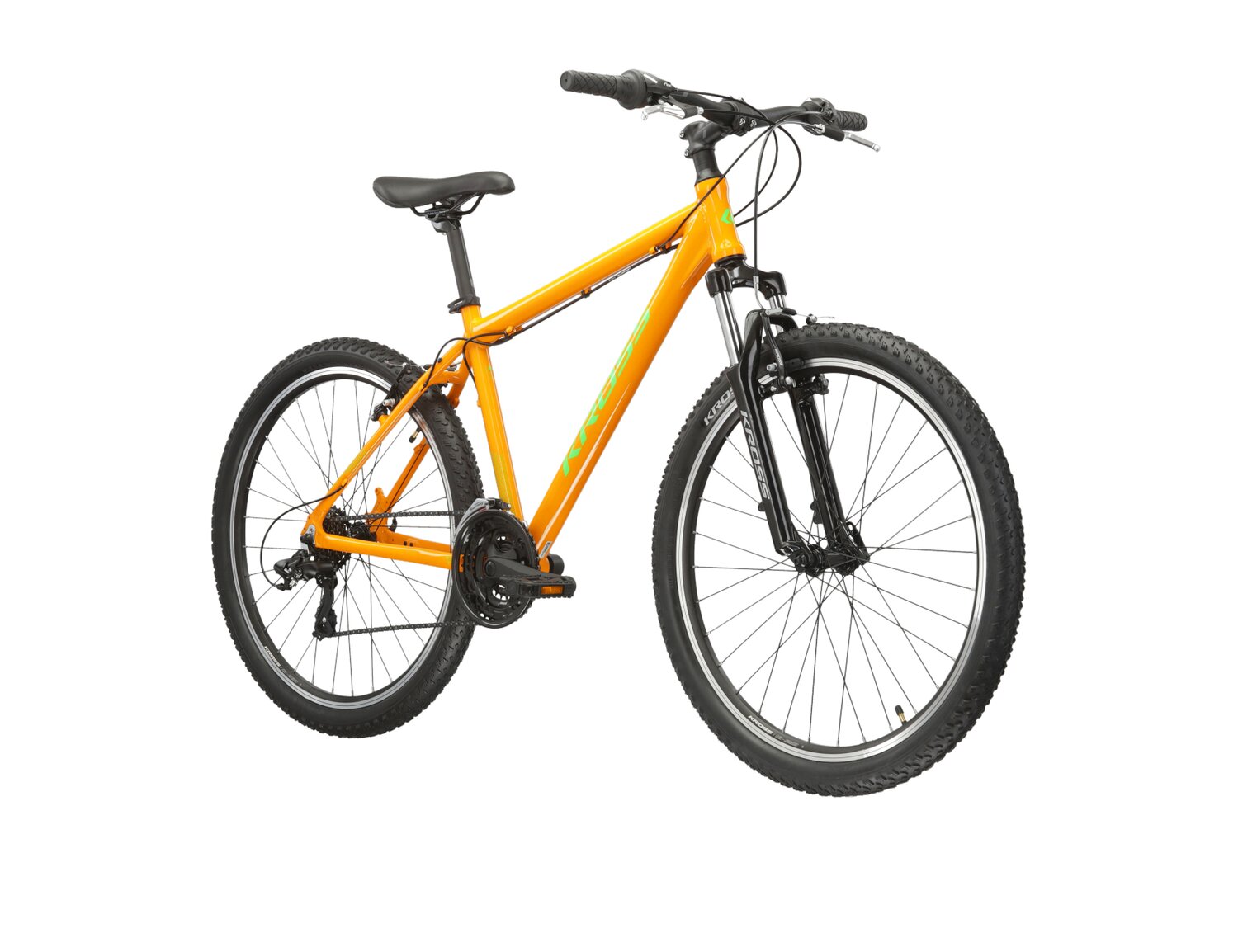 Rower górski MTB Kross Hexagon 1.0 na aluminiowej ramie w kolorze pomarańczowym wyposażony w osprzęt Shimano 