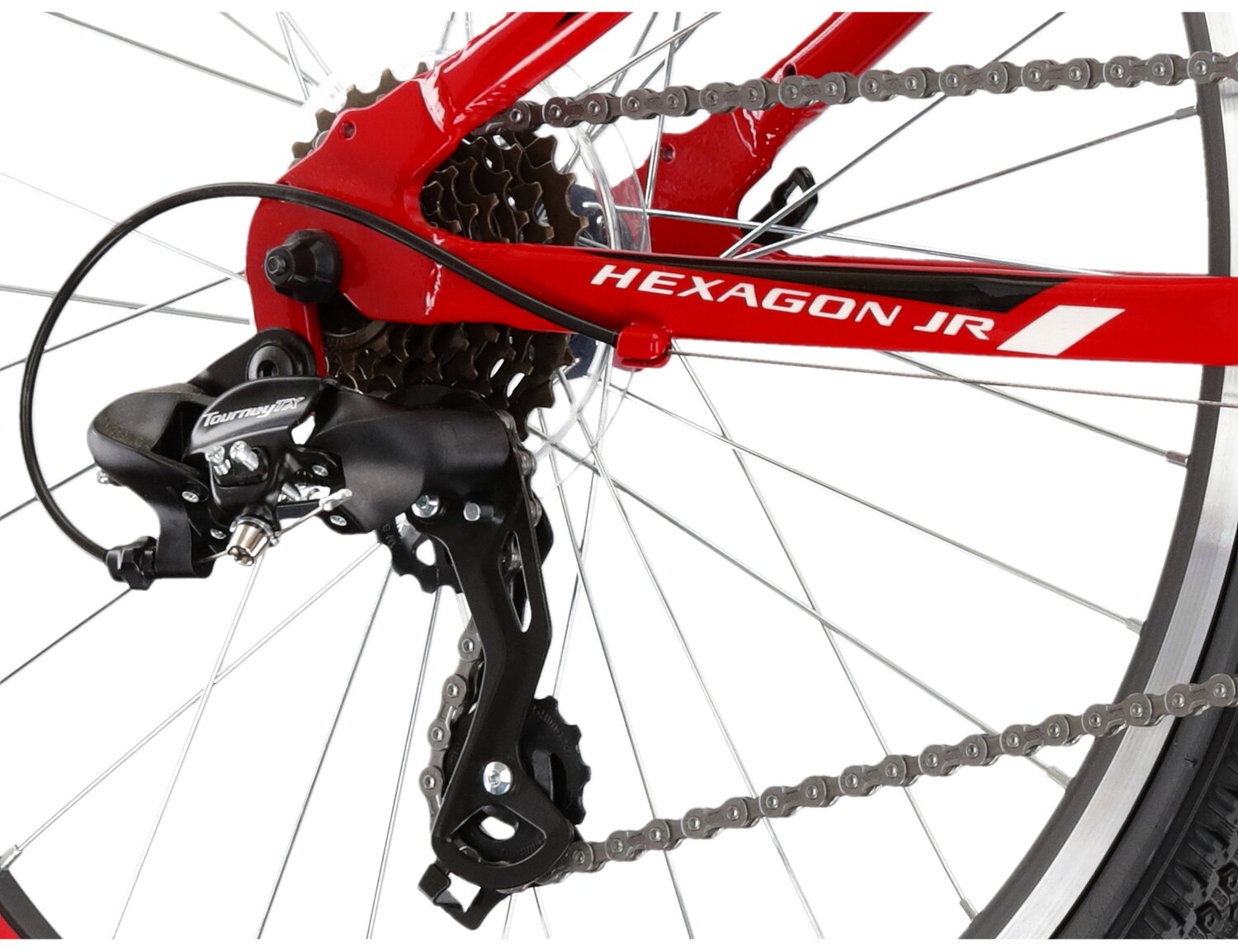  Tylna ośmiobiegowa przerzutka Shimano Tourney TX800 oraz hamulce v-brake w rowerze juniorskim KROSS Hexagon JR 1.0 