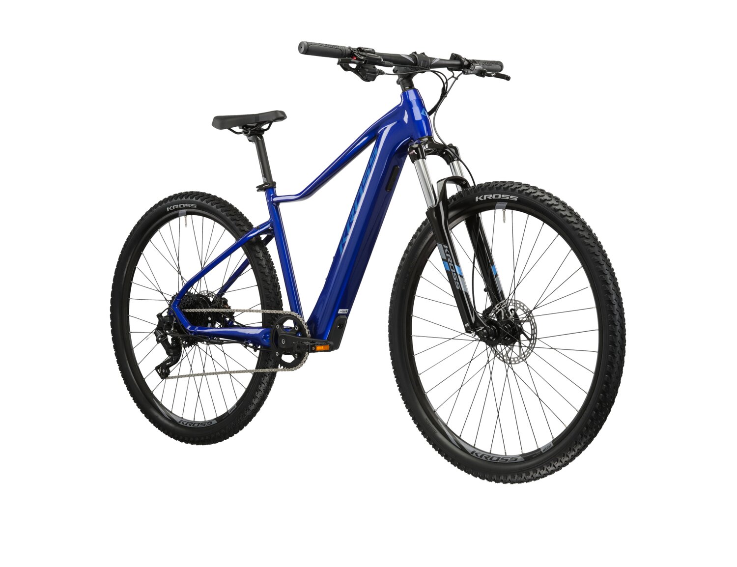 Elektryczny damski rower górski Ebike MTB Woman KROSS Lea Boost 2.0 349 WH na aluminiowej ramie w kolorze niebieskim wyposażony w osprzęt Microshift i napęd elektryczny Hyena 