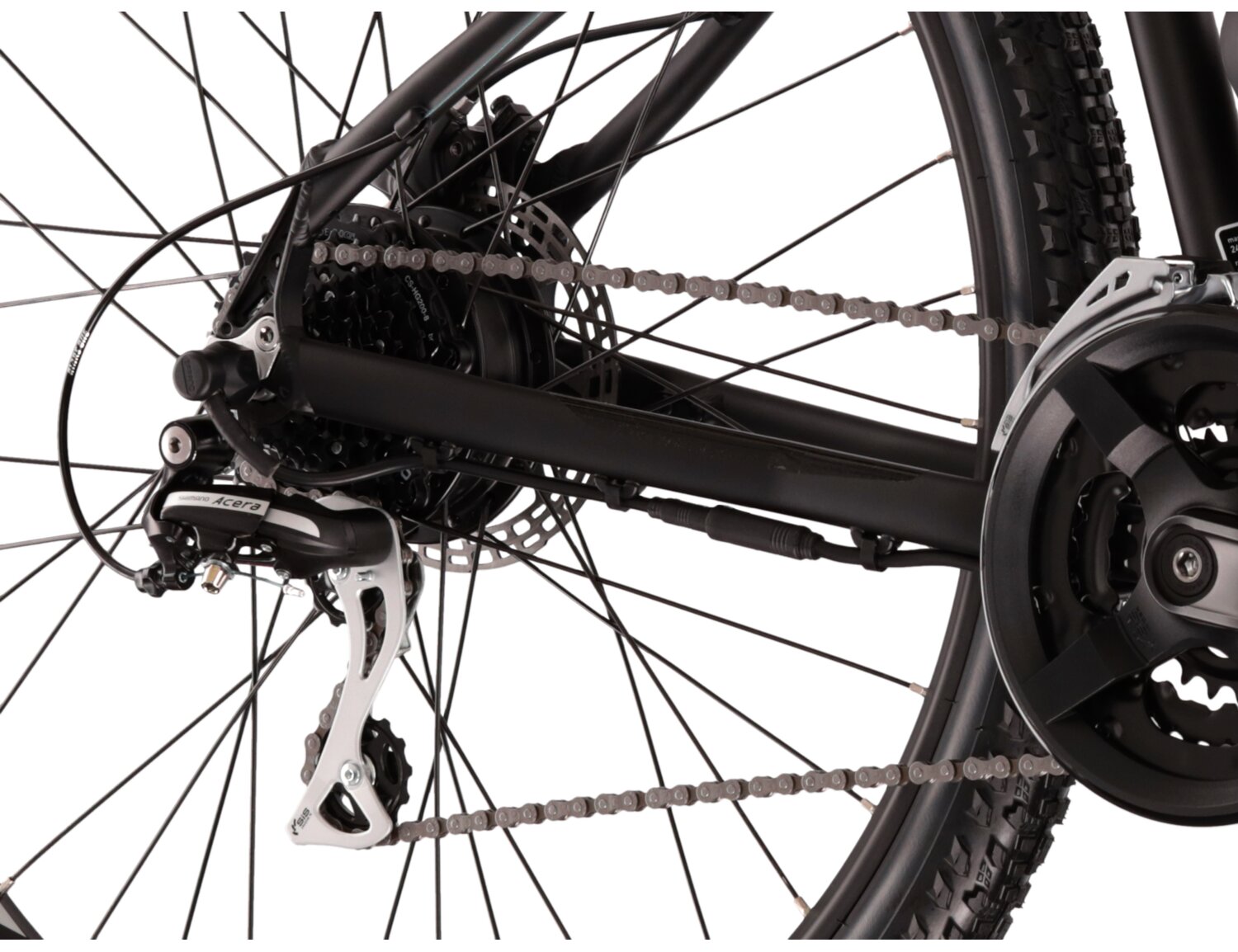  Tylna ośmiobiegowa przerzutka Shimano Acera M3020 oraz hydrauliczne hamulce tarczowe Shimano MT200 w elektrycznym rowerze górskim Ebike MTB KROSS Hexagon Boost 1.0 396 Wh 