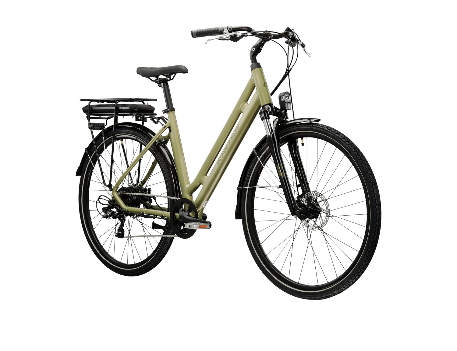  Elektryczny rower miejski Ebike City KROSS Sentio Hybrid 345 Wh na aluminiowej ramie w kolorze khaki wyposażony w osprzęt Shimano i napęd elektryczny SHENGYI