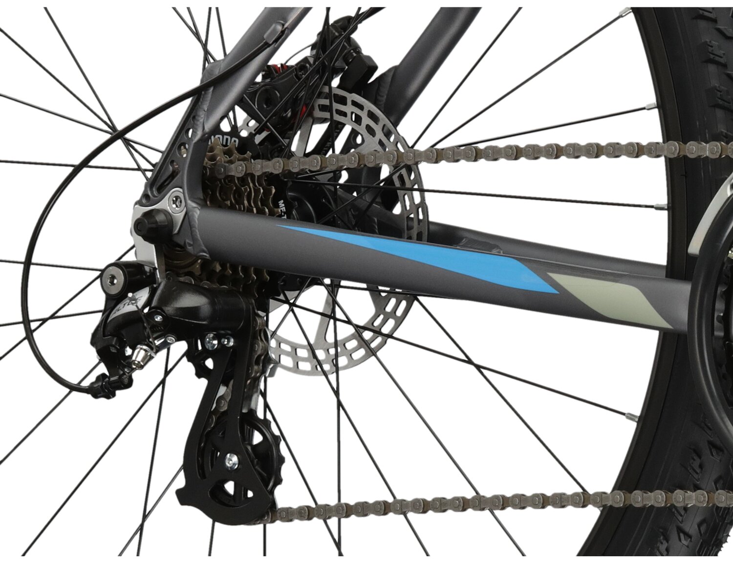  Tylna siedmiobiegowa przerzutka Shimano Altus M310 oraz mechaniczne hamulce tarczowe w rowerze górskim MTB KROSS Hexagon 3.0 