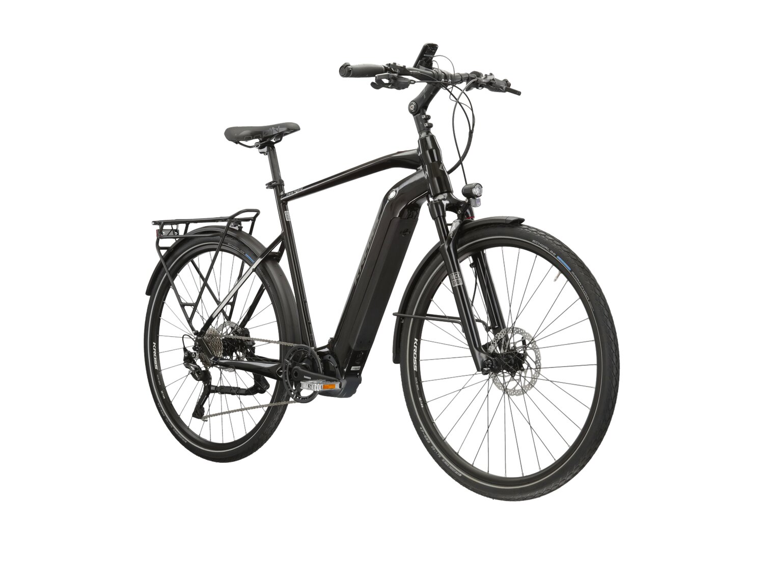  Elektryczny rower trekkingowy KROSS Trans Hybrid 6.0 630 Wh na aluminiowej ramie w kolorze czarnym wyposażony w osprzęt Shimano i napęd elektryczny Shimano
