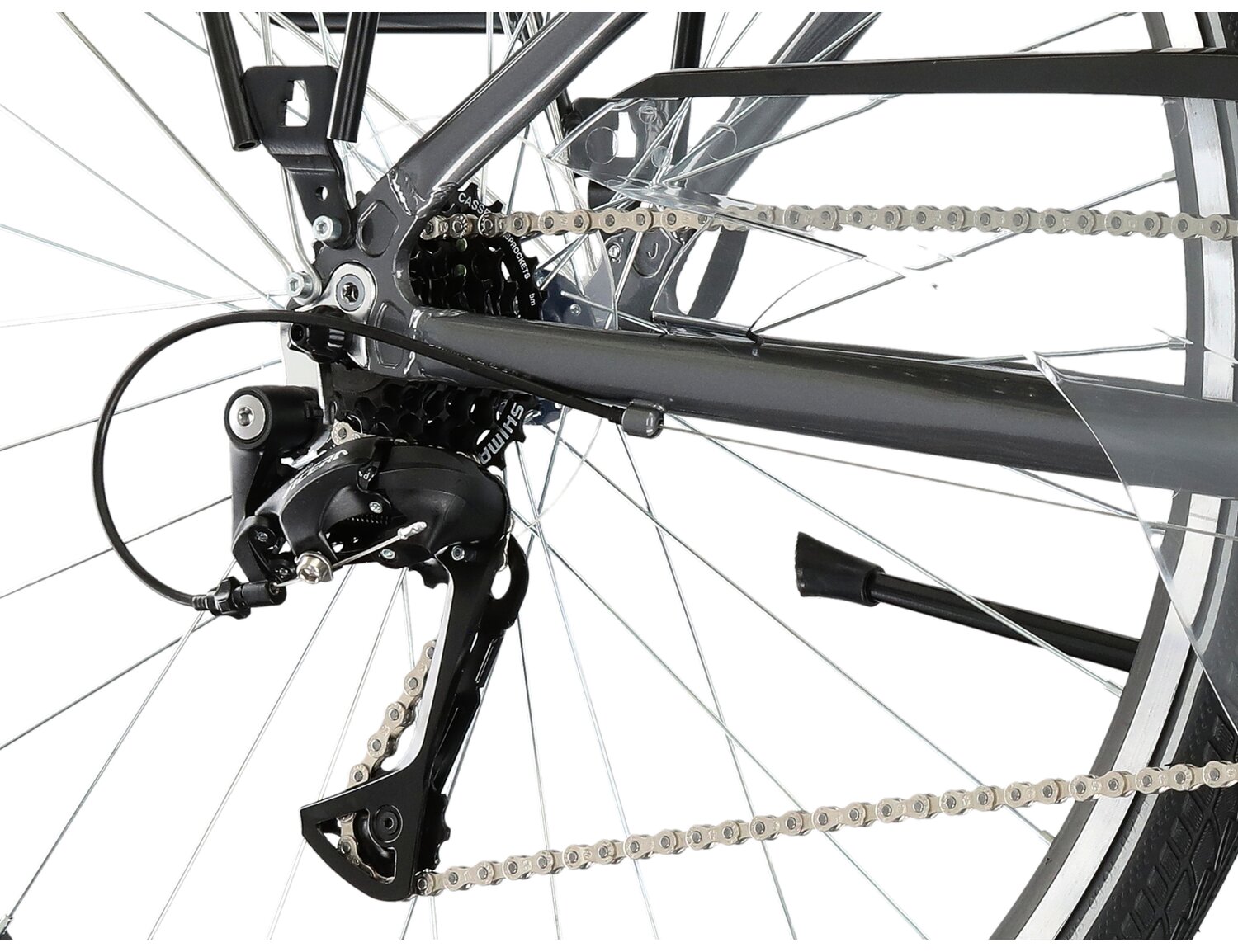  Tylna siedmiobiegowa przerzutka Shimano Acera T3000 oraz hamulce v-brake w rowerze trekkingowym damskim KROSS Trans 4.0 