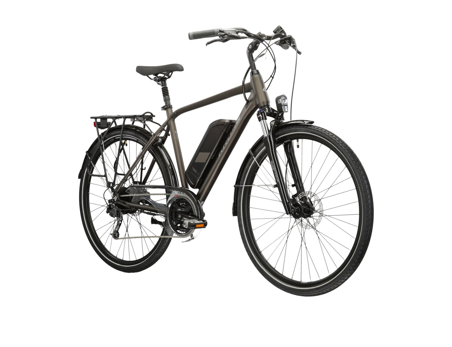  Elektryczny rower trekkingowy KROSS Trans Hybrid 522 Wh na aluminiowej ramie w kolorze brązowym wyposażony w osprzęt Shimano i napęd elektryczny Bafang