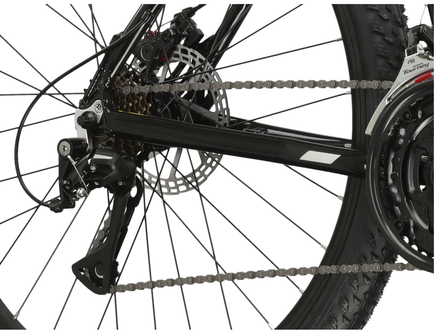  Tylna siedmiobiegowa przerzutka Shimano Acera RD M3020 oraz mechaniczne hamulce tarczowe w rowerze górskim MTB KROSS Berg 3.1 
