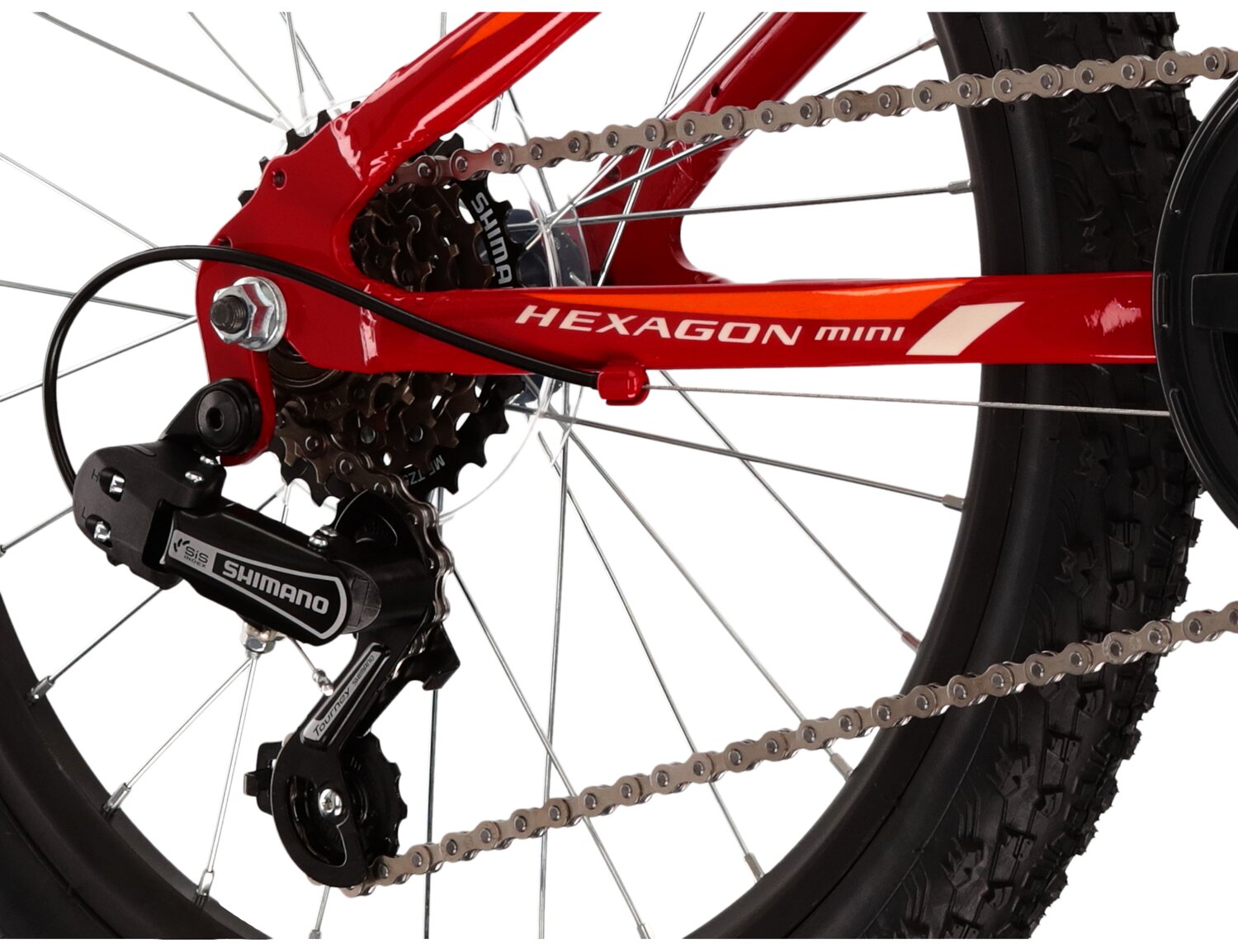  Tylna sześciorzędowa przerzutka Shimano Tourney TY21 oraz hamulce v-brake w rowerze dziecięcym KROSS Hexagon Mini 1.0 