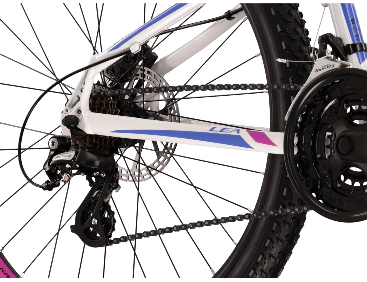 Tylna siedmiobiegowa przerzutka Shimano Altus M310 oraz mechaniczne hamulce tarczowe w damskim rowerze górskim MTB Woman KROSS Lea 3.0