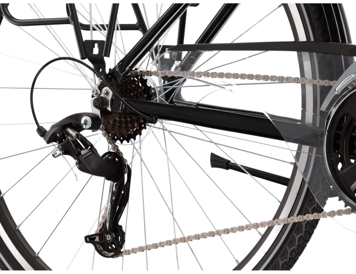  Tylna siedmiobiegowa przerzutka Sunrace RDM41 oraz hamulce v-brake w rowerze trekkingowym damskim KROSS Trans 2.0 SR 