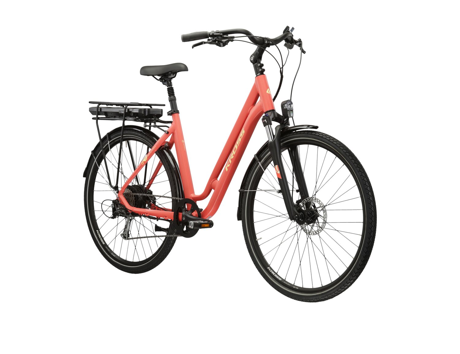  Elektryczny rower miejski Ebike City KROSS Sentio Hybrid 2.0 504 Wh na aluminiowej ramie w kolorze koralowym wyposażony w osprzęt Microshift i napęd elektryczny Bafang