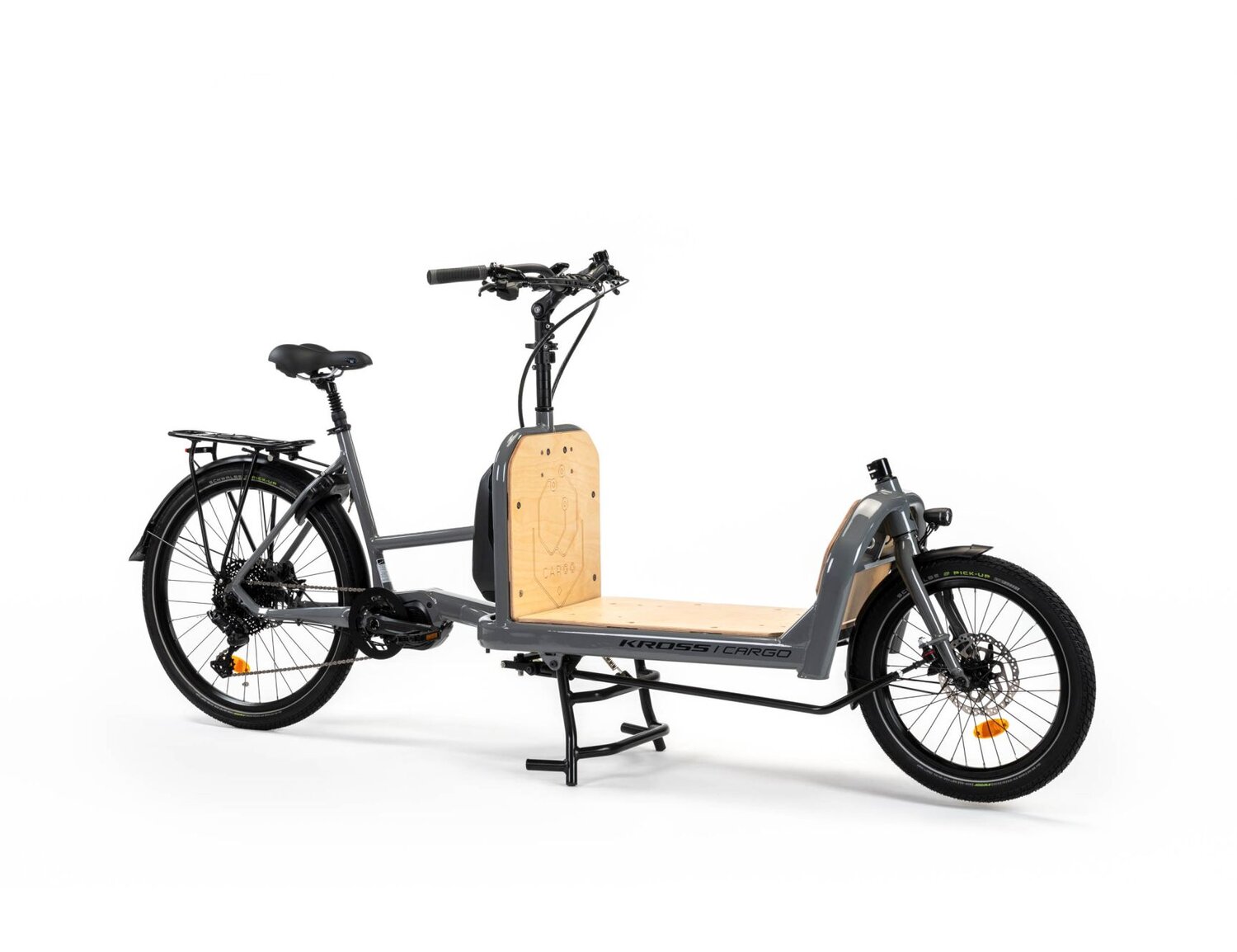  Elektryczny rower cargo Ebike KROSS E-Cargo 1.0 Platform na aluminiowej ramie w kolorze szarym wyposażony w osprzęt Microshift i Shimano oraz elektryczny napęd Shimano 