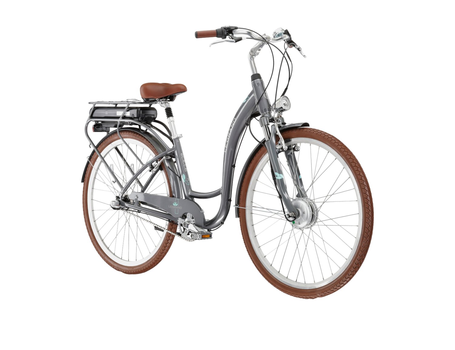  Elektryczny rower miejski Le Grand Elille 1 450 Wh na aluminiowej ramie w kolorze grafitowym wyposażony w osprzęt Shimano i napęd elektryczny Bafang